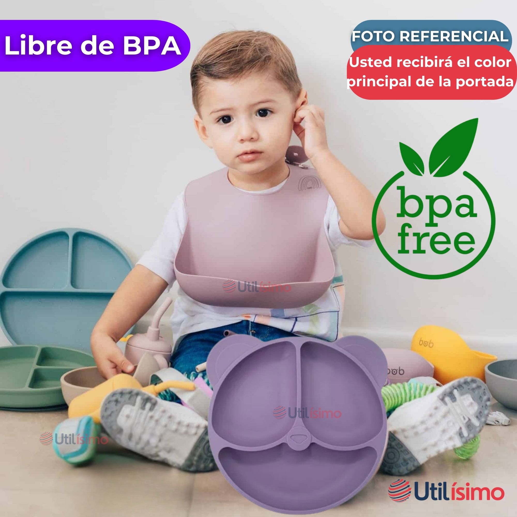 SET DE ALIMENTACIÓN BEBÉ SILICONA DE OSO 6 PIEZAS LIBRE BPA LILA - 5
