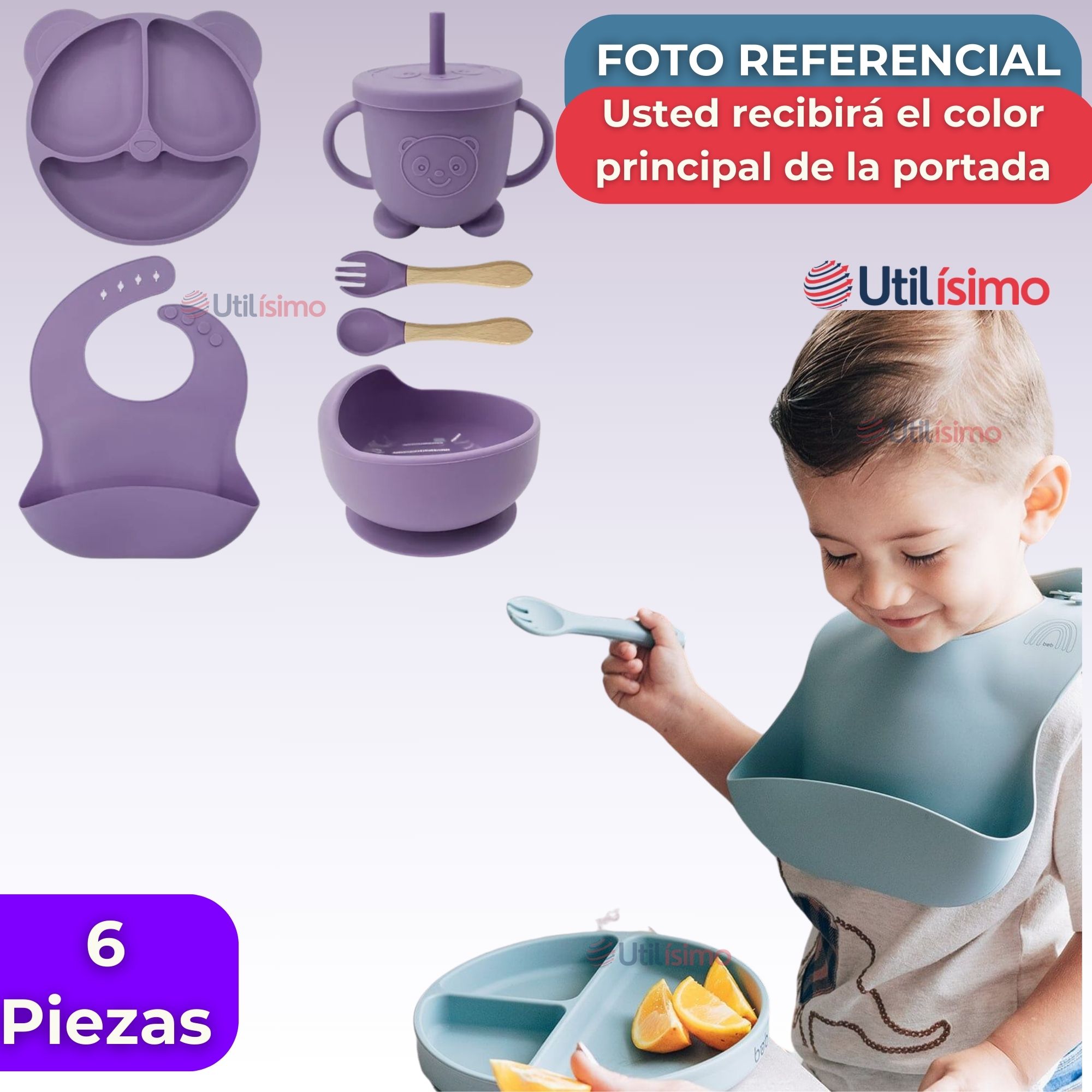 SET DE ALIMENTACIÓN BEBÉ SILICONA DE OSO 6 PIEZAS LIBRE BPA LILA - 8