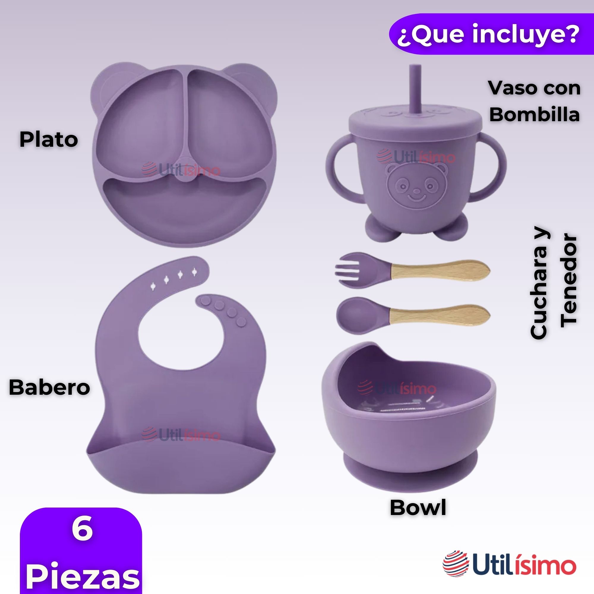 SET DE ALIMENTACIÓN BEBÉ SILICONA DE OSO 6 PIEZAS LIBRE BPA LILA - 9