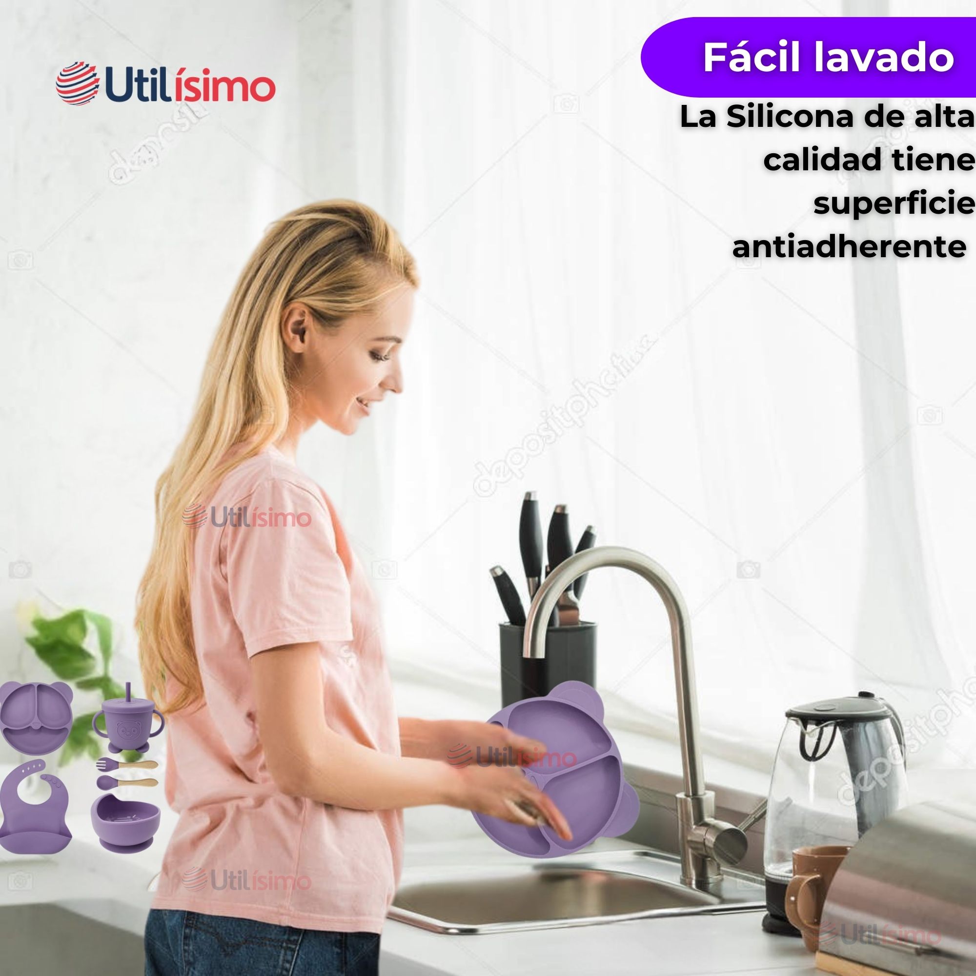 SET DE ALIMENTACIÓN BEBÉ SILICONA DE OSO 6 PIEZAS LIBRE BPA LILA - 11