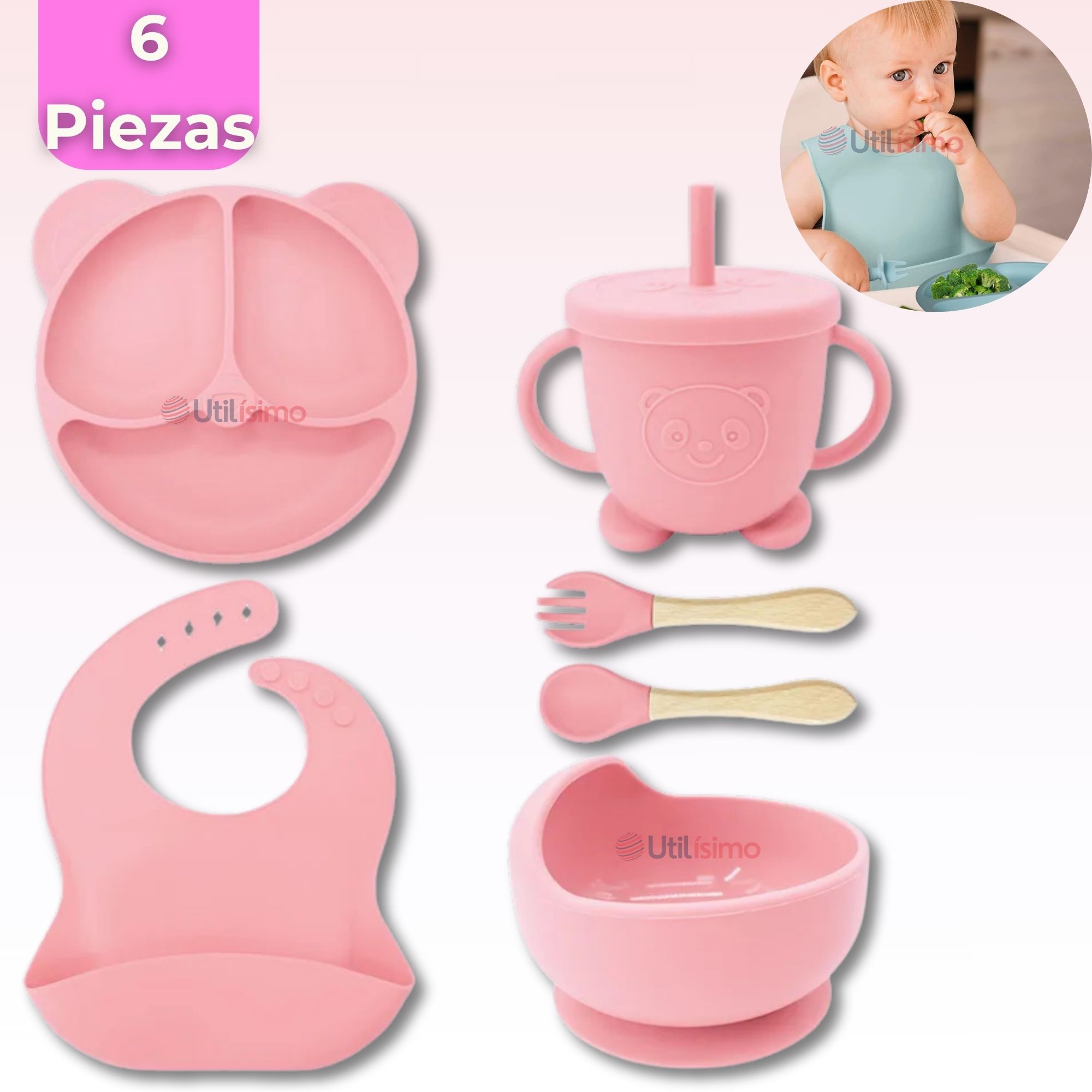 SET DE ALIMENTACIÓN BEBÉ SILICONA DE OSO 6 PIEZAS LIBRE BPA ROSA CLARO - 1