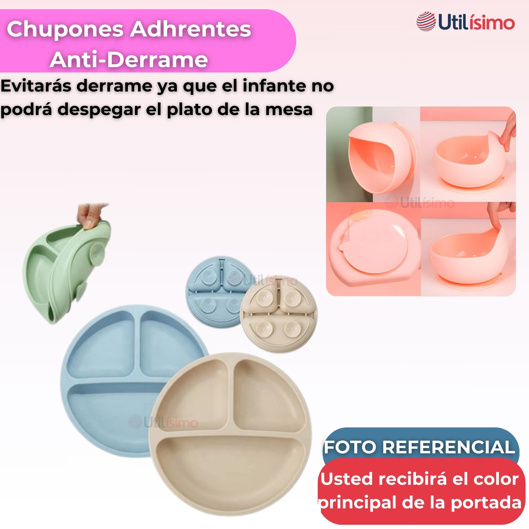 SET DE ALIMENTACIÓN BEBÉ SILICONA DE OSO 6 PIEZAS LIBRE BPA ROSA CLARO - 2