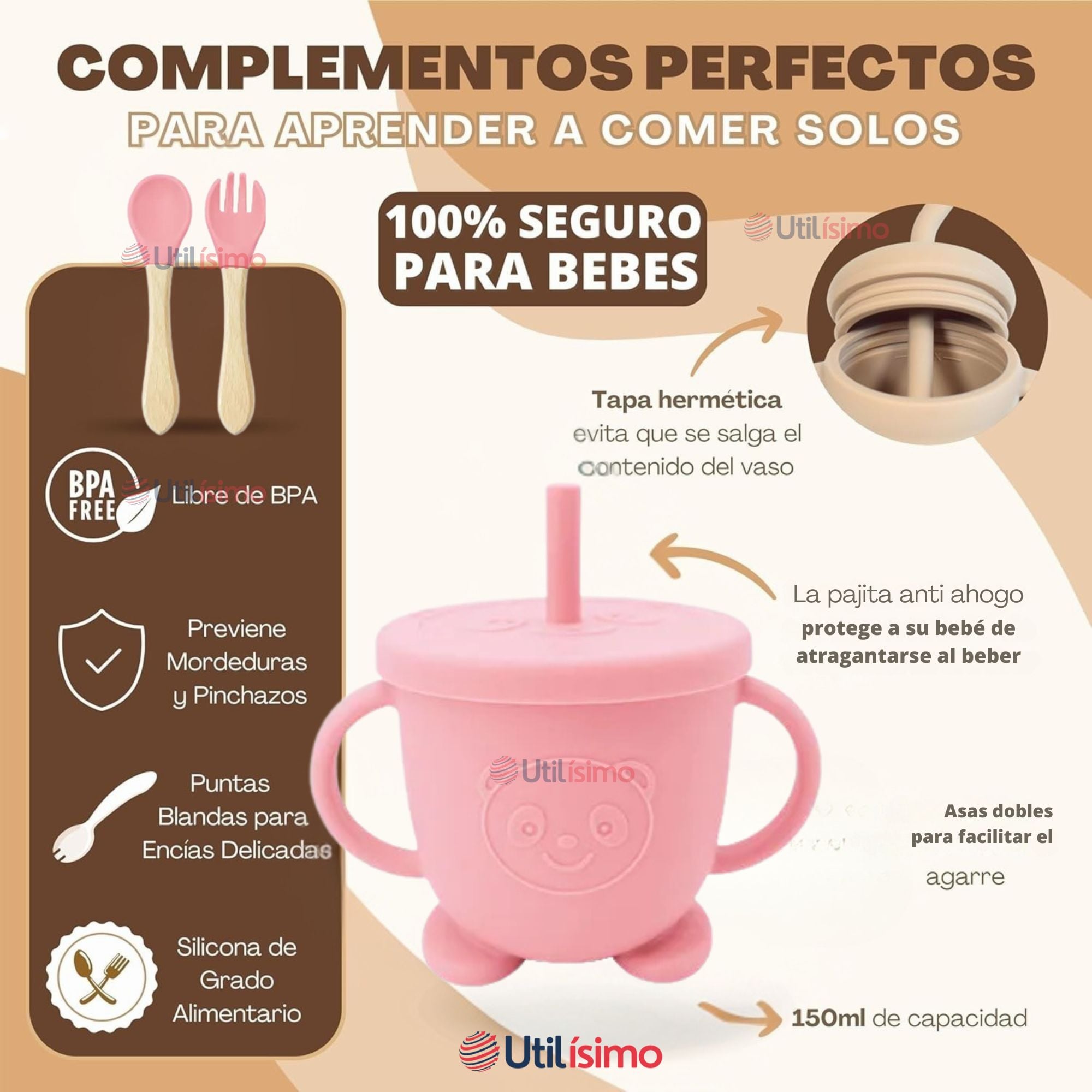 SET DE ALIMENTACIÓN BEBÉ SILICONA DE OSO 6 PIEZAS LIBRE BPA ROSA CLARO - 3