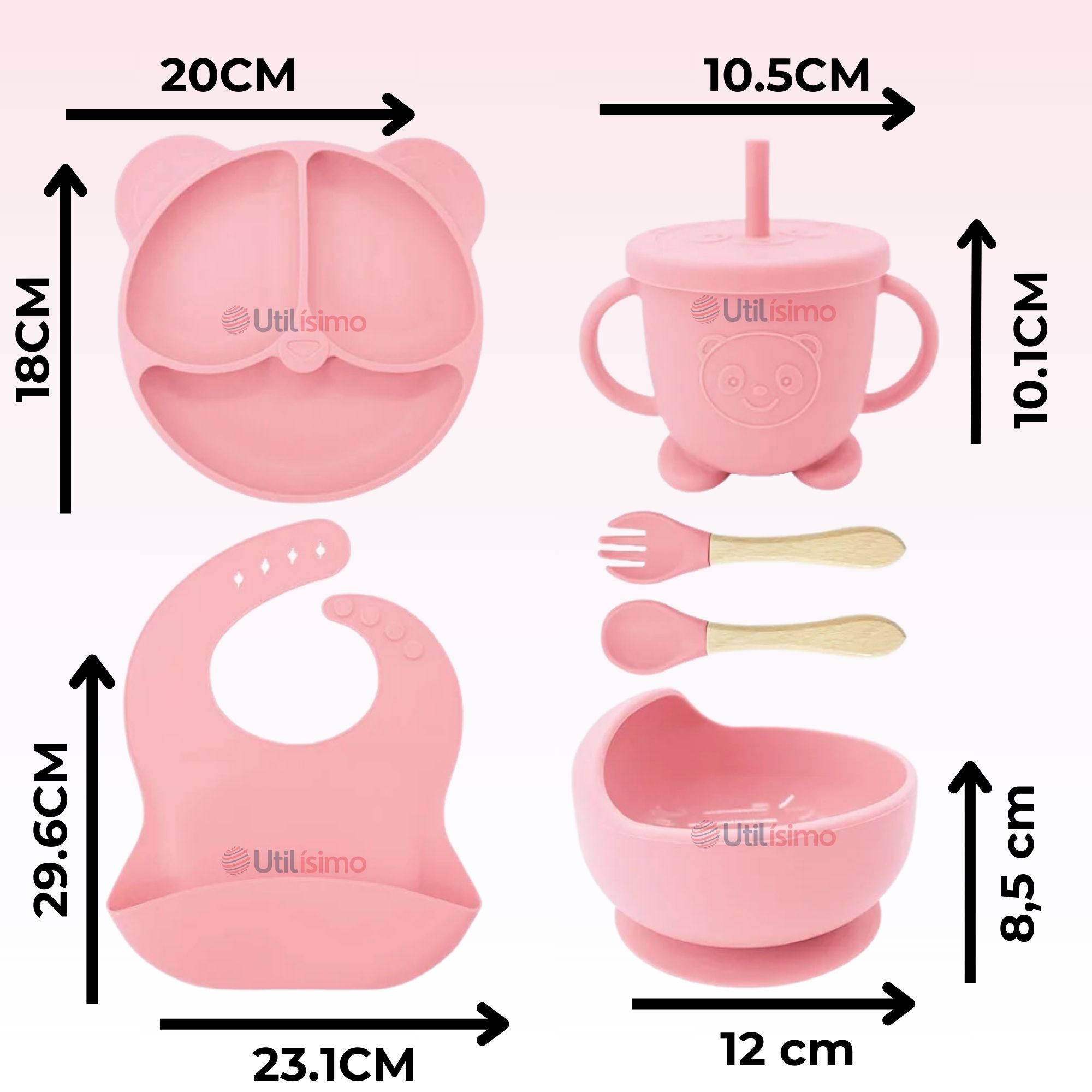 SET DE ALIMENTACIÓN BEBÉ SILICONA DE OSO 6 PIEZAS LIBRE BPA ROSA CLARO - 4