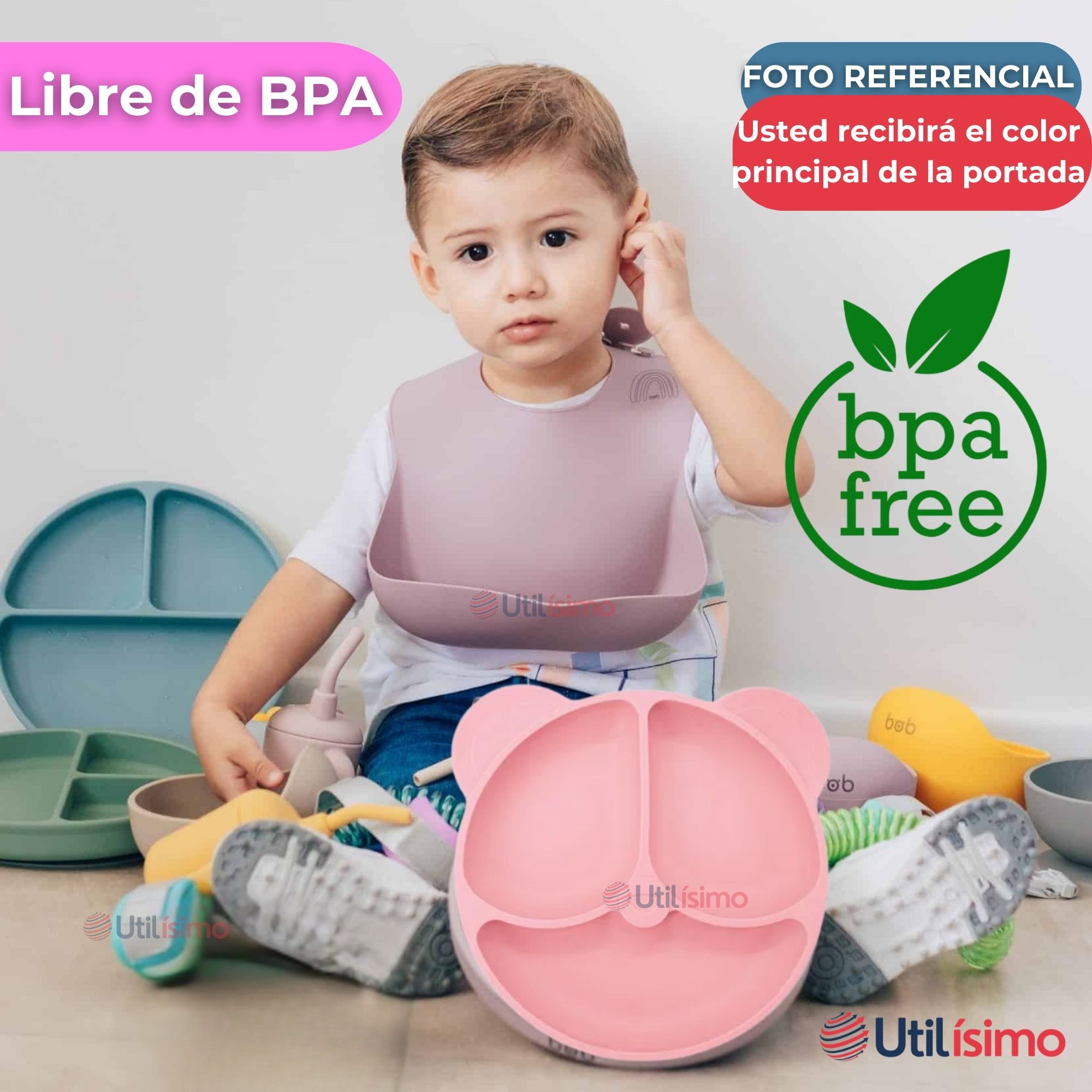 SET DE ALIMENTACIÓN BEBÉ SILICONA DE OSO 6 PIEZAS LIBRE BPA ROSA CLARO - 5