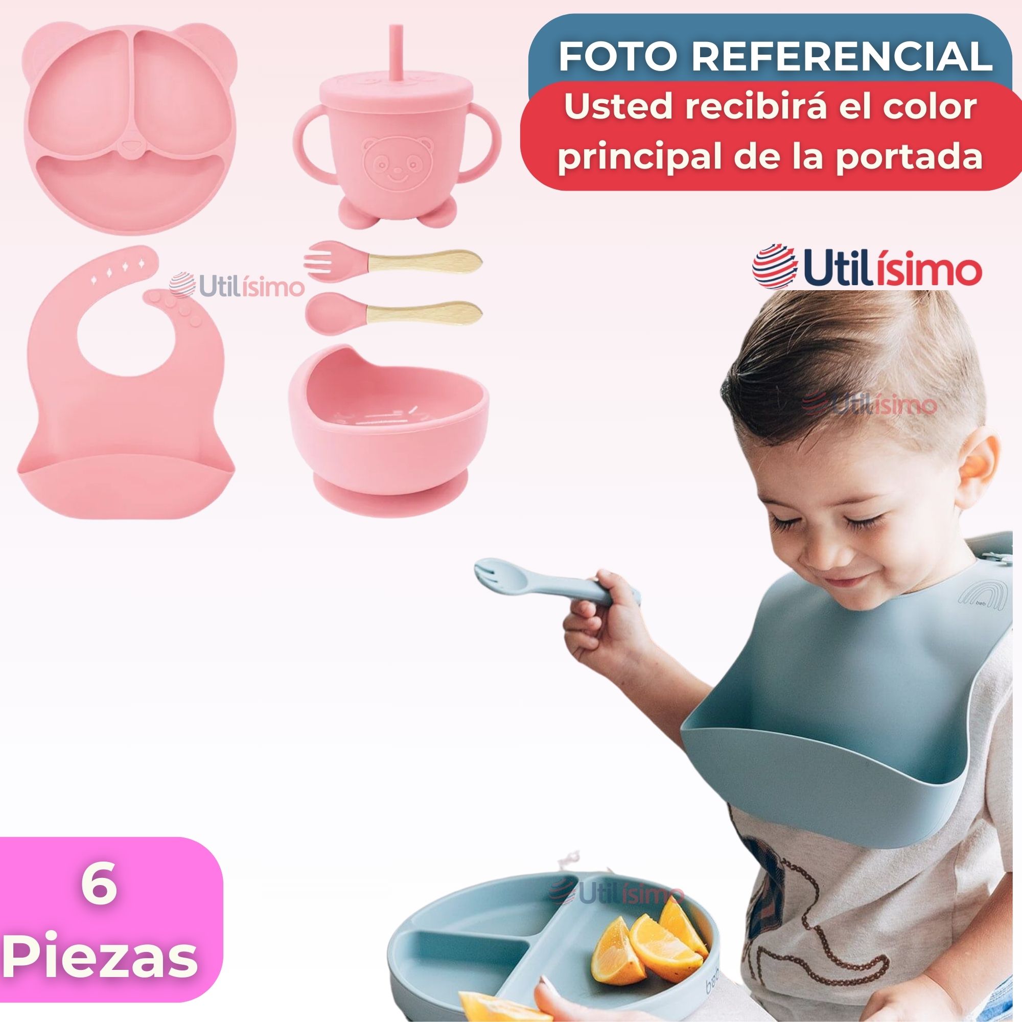 SET DE ALIMENTACIÓN BEBÉ SILICONA DE OSO 6 PIEZAS LIBRE BPA ROSA CLARO - 8