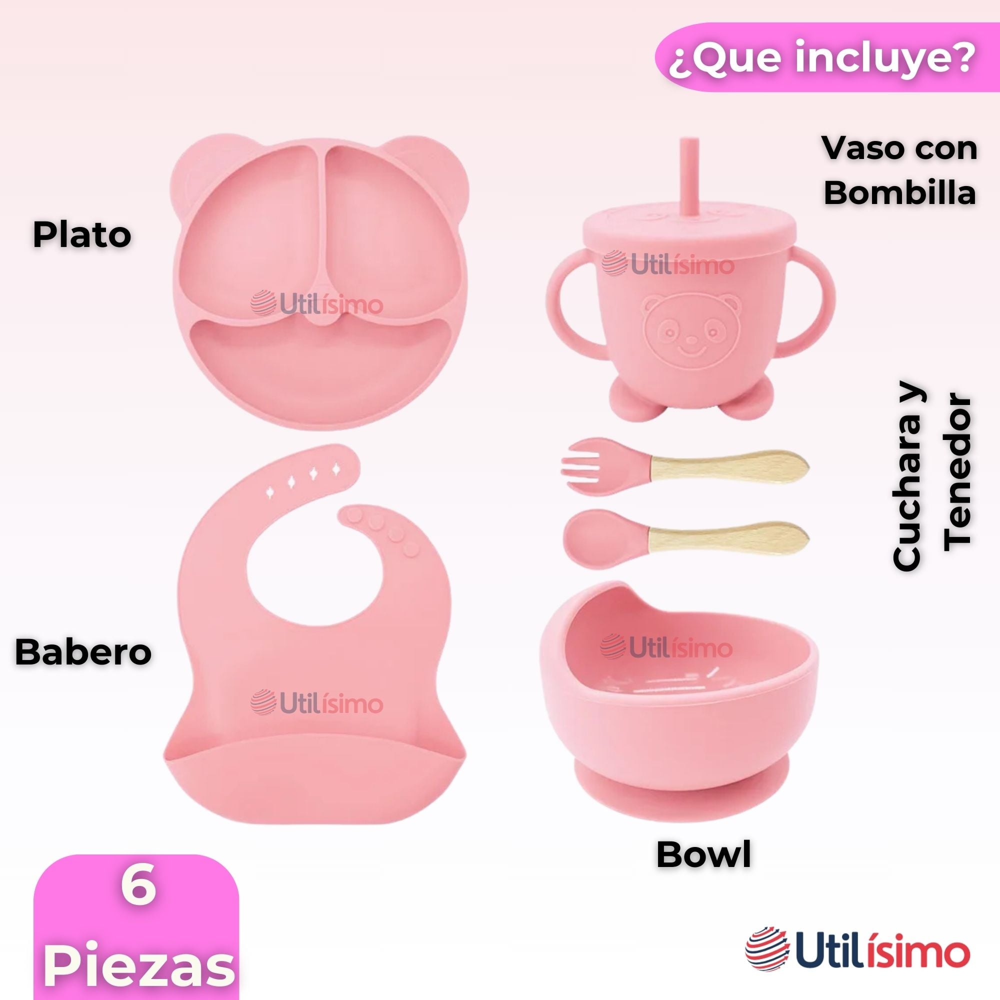 SET DE ALIMENTACIÓN BEBÉ SILICONA DE OSO 6 PIEZAS LIBRE BPA ROSA CLARO - 9