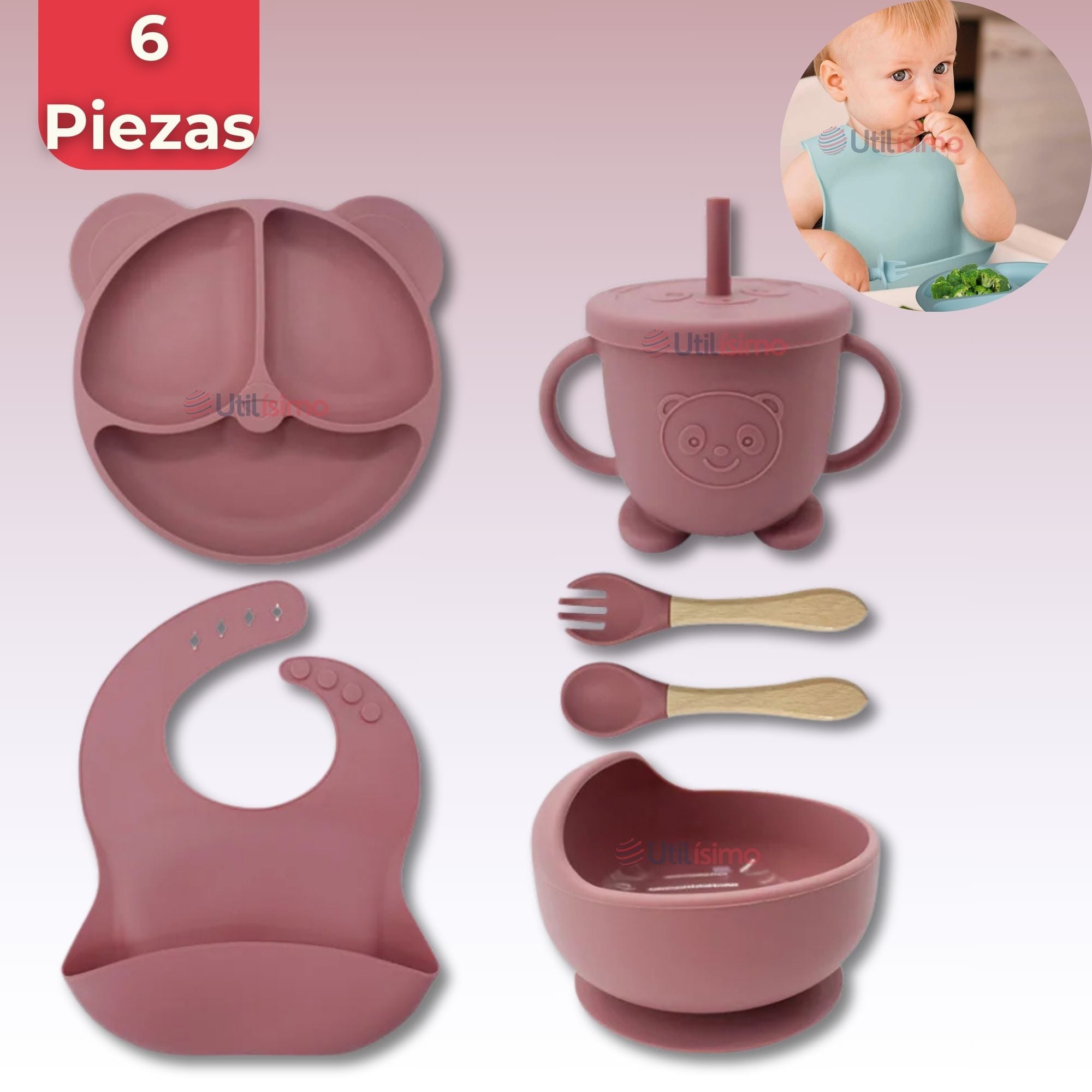 SET DE ALIMENTACIÓN BEBÉ SILICONA DE OSO 6 PIEZAS LIBRE BPA ROSA OSCURO - 1