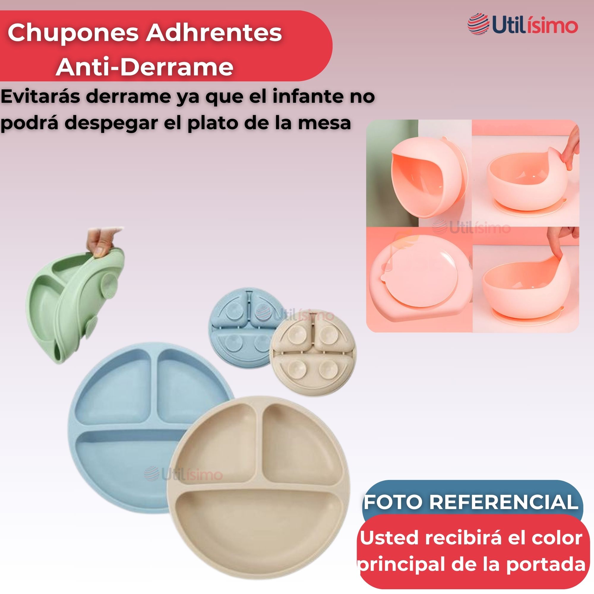 SET DE ALIMENTACIÓN BEBÉ SILICONA DE OSO 6 PIEZAS LIBRE BPA ROSA OSCURO - 2