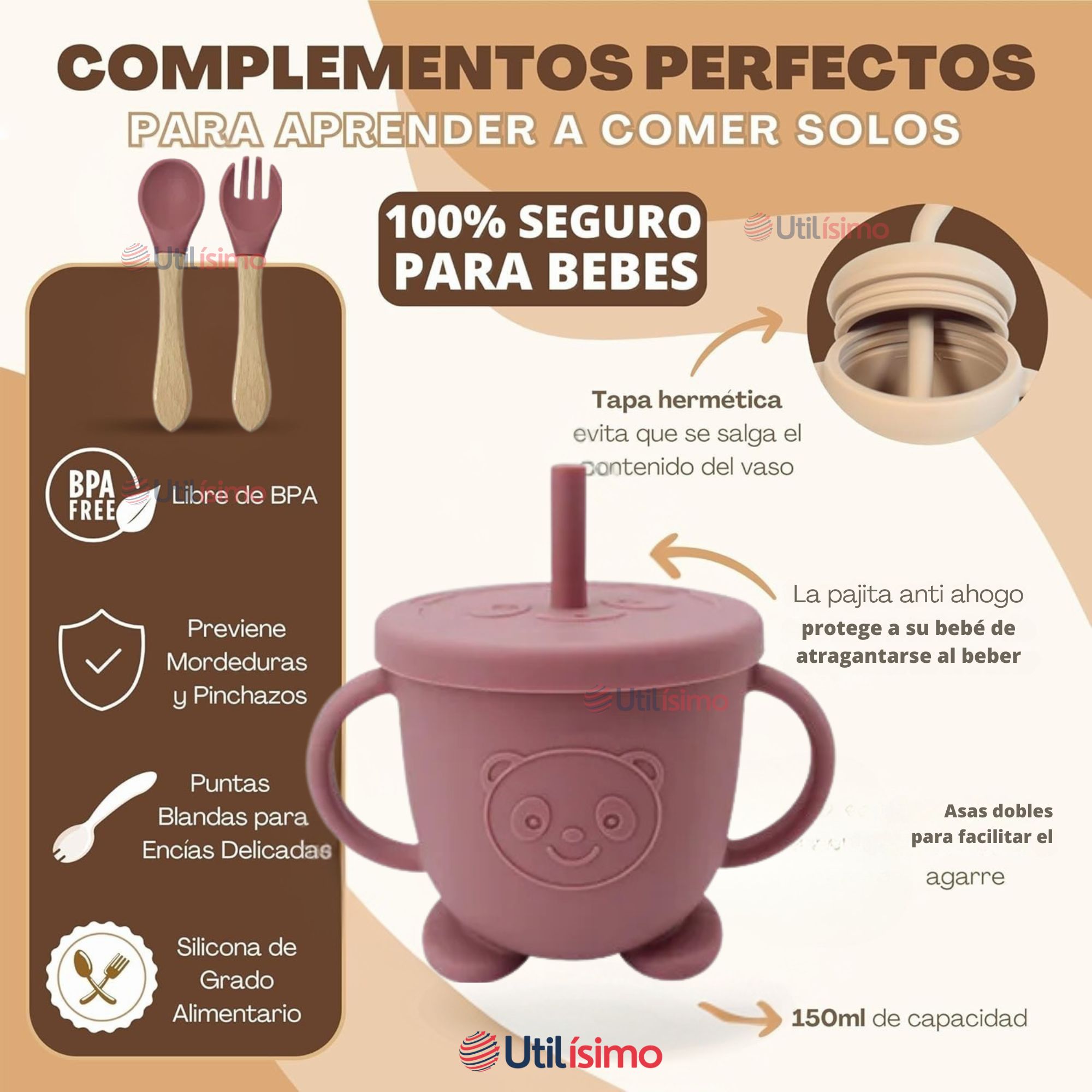 SET DE ALIMENTACIÓN BEBÉ SILICONA DE OSO 6 PIEZAS LIBRE BPA ROSA OSCURO - 3
