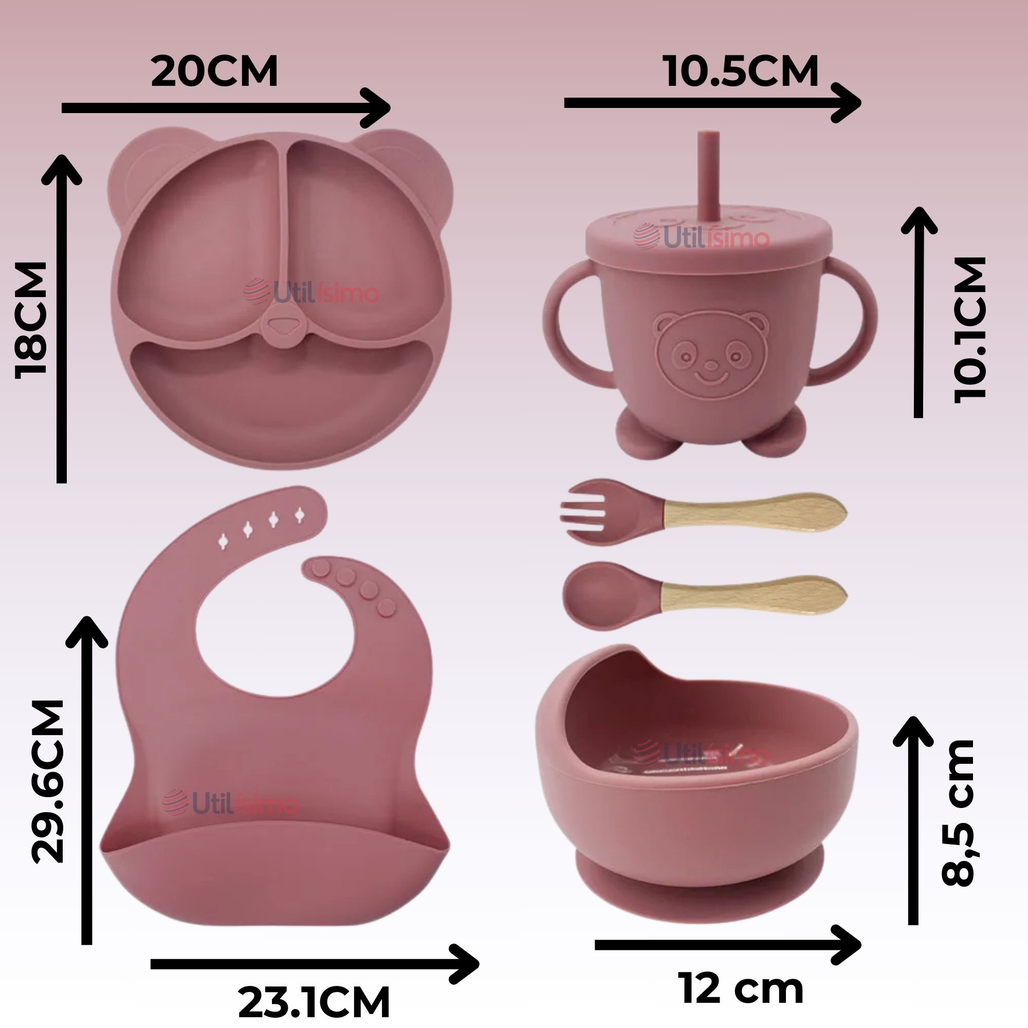 SET DE ALIMENTACIÓN BEBÉ SILICONA DE OSO 6 PIEZAS LIBRE BPA ROSA OSCURO - 4