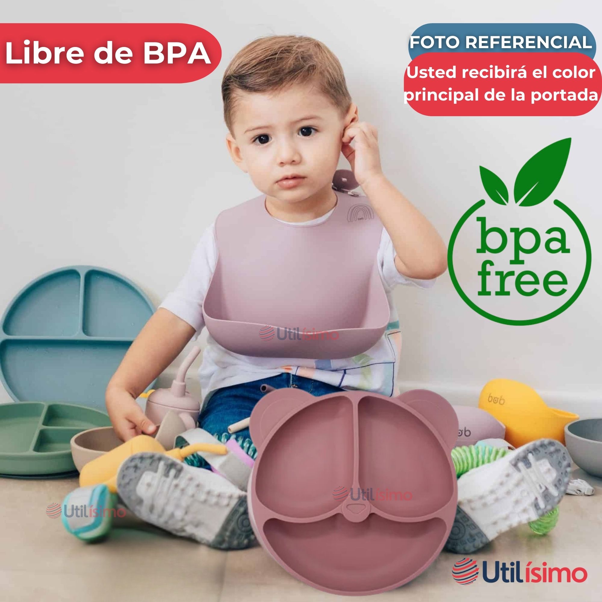 SET DE ALIMENTACIÓN BEBÉ SILICONA DE OSO 6 PIEZAS LIBRE BPA ROSA OSCURO - 5