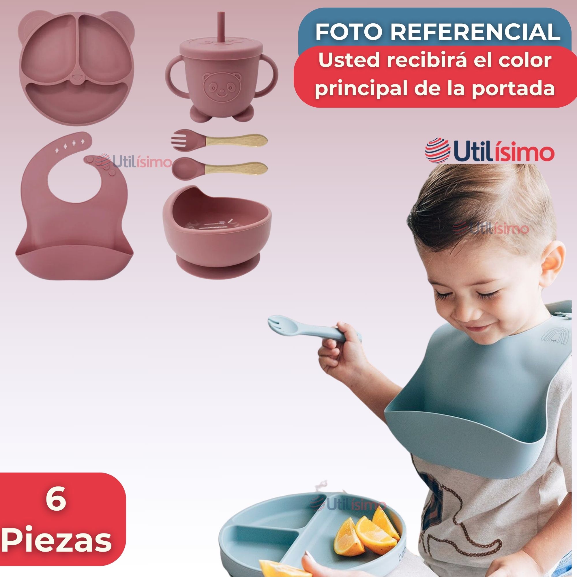 SET DE ALIMENTACIÓN BEBÉ SILICONA DE OSO 6 PIEZAS LIBRE BPA ROSA OSCURO - 8