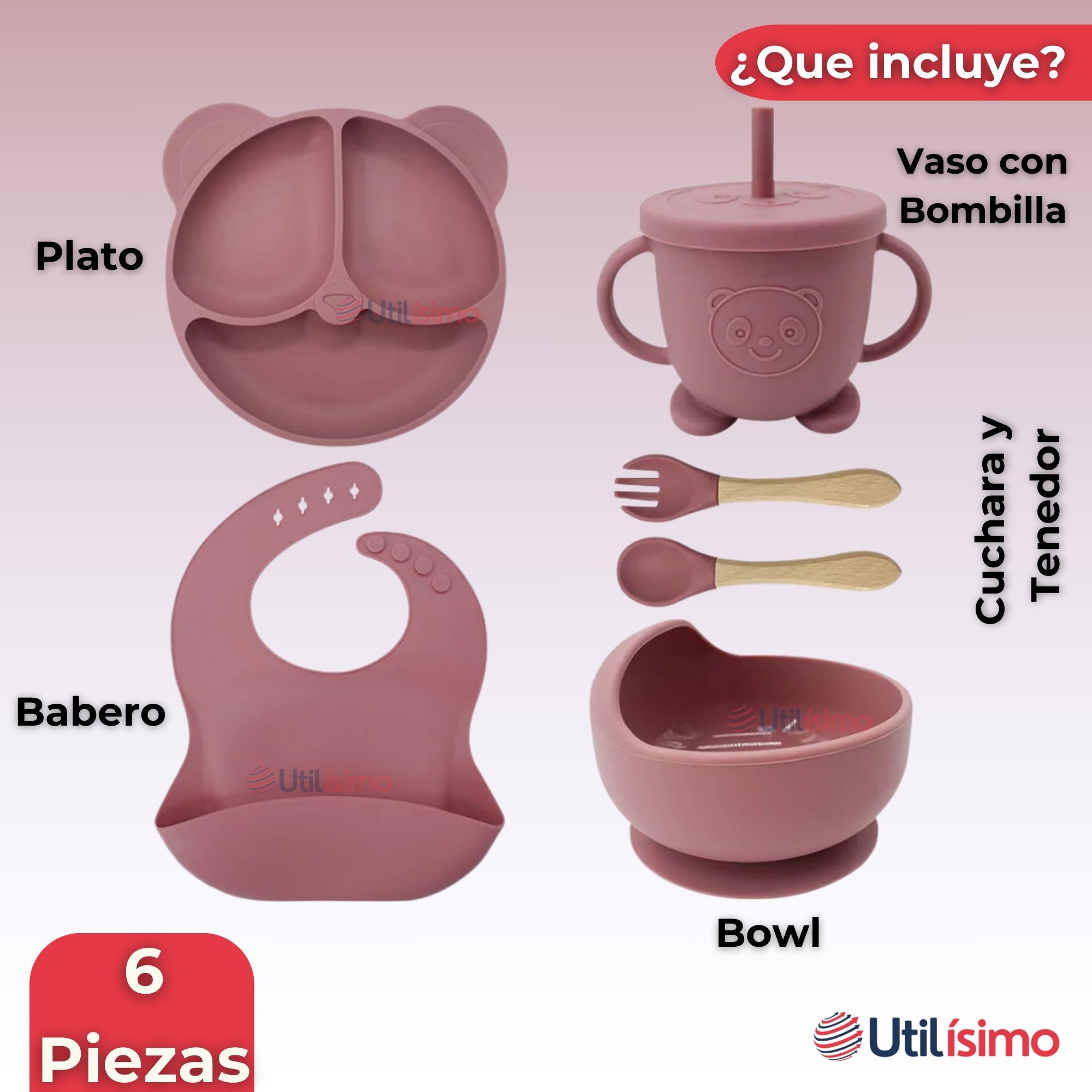 SET DE ALIMENTACIÓN BEBÉ SILICONA DE OSO 6 PIEZAS LIBRE BPA ROSA OSCURO - 9