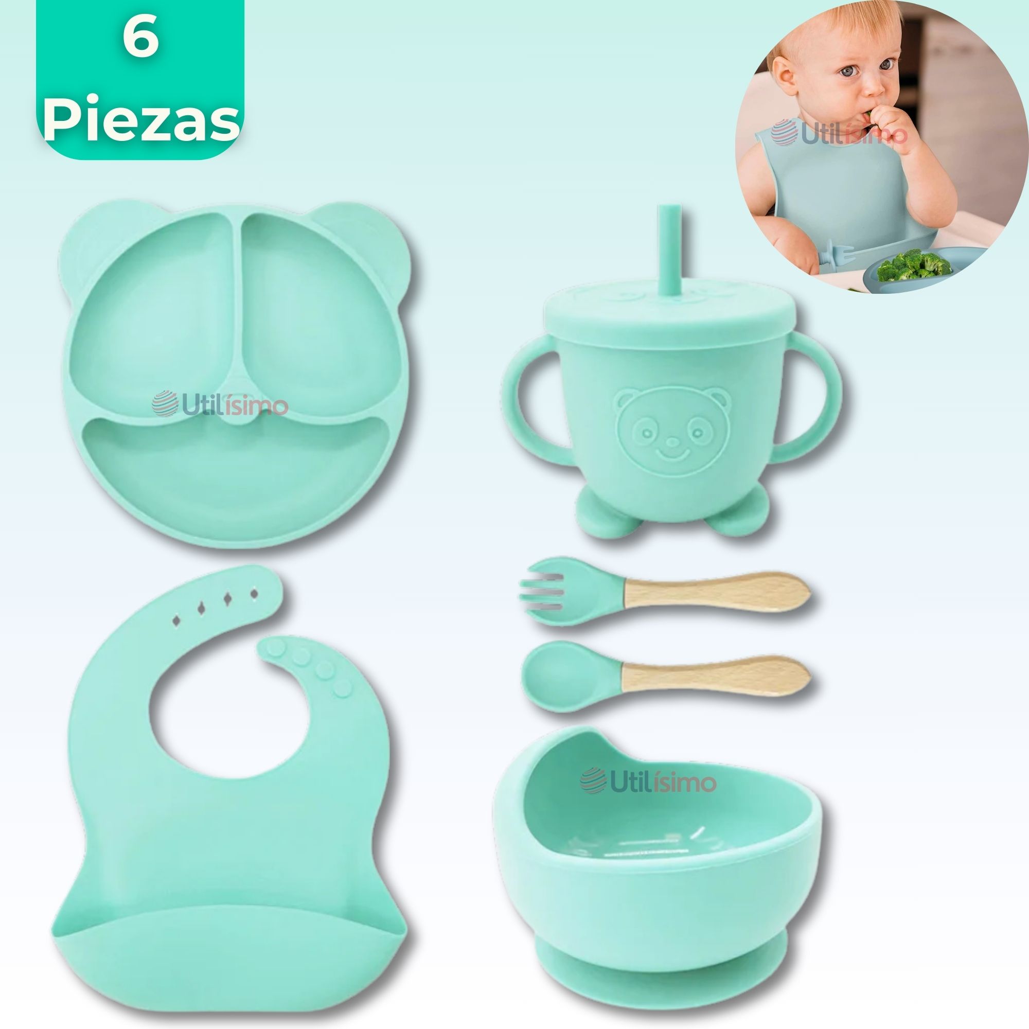 SET DE ALIMENTACIÓN BEBÉ SILICONA DE OSO 6 PIEZAS LIBRE BPA TURQUESA - 1