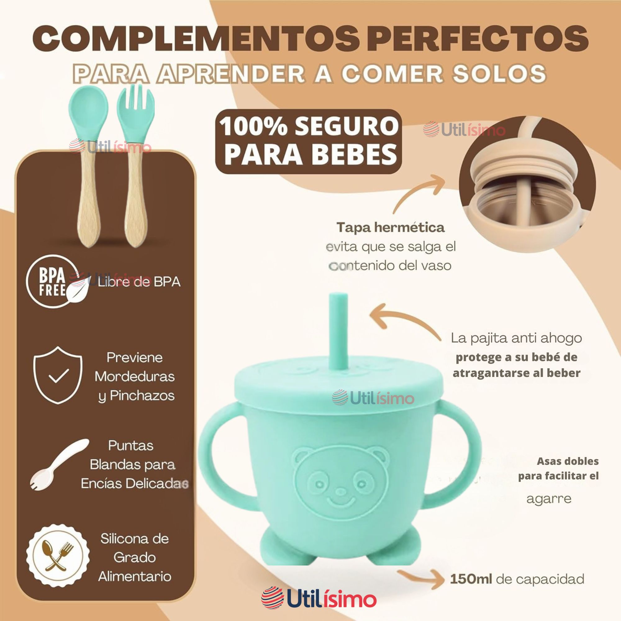 SET DE ALIMENTACIÓN BEBÉ SILICONA DE OSO 6 PIEZAS LIBRE BPA TURQUESA - 3