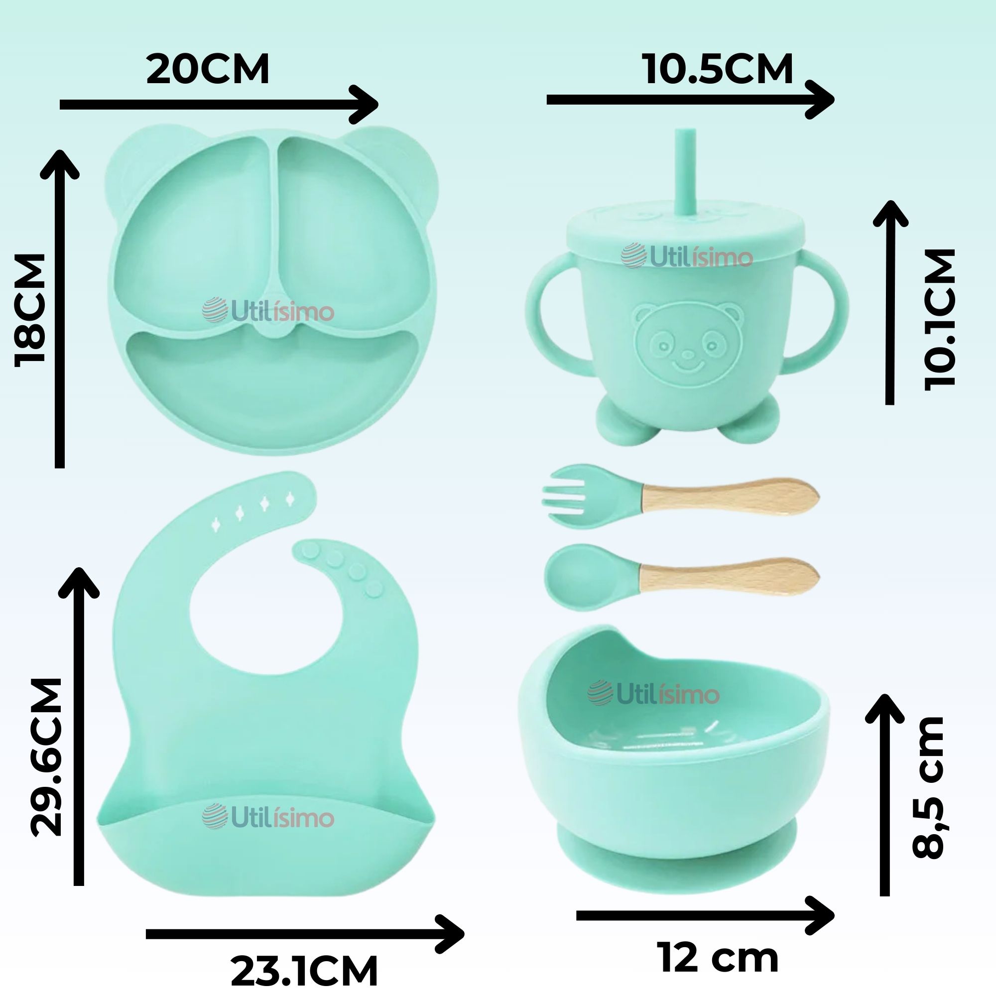 SET DE ALIMENTACIÓN BEBÉ SILICONA DE OSO 6 PIEZAS LIBRE BPA TURQUESA - 4