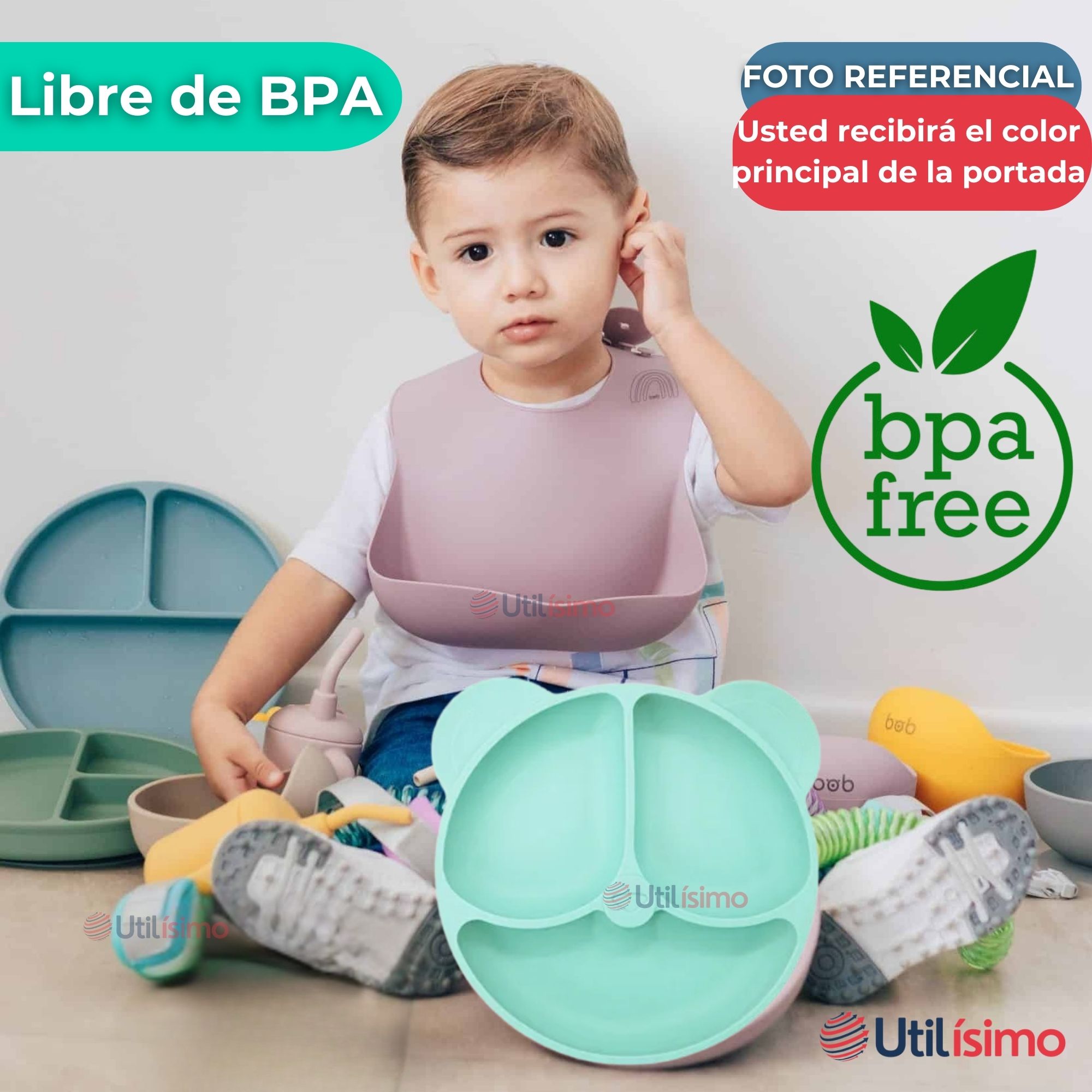 SET DE ALIMENTACIÓN BEBÉ SILICONA DE OSO 6 PIEZAS LIBRE BPA TURQUESA - 5