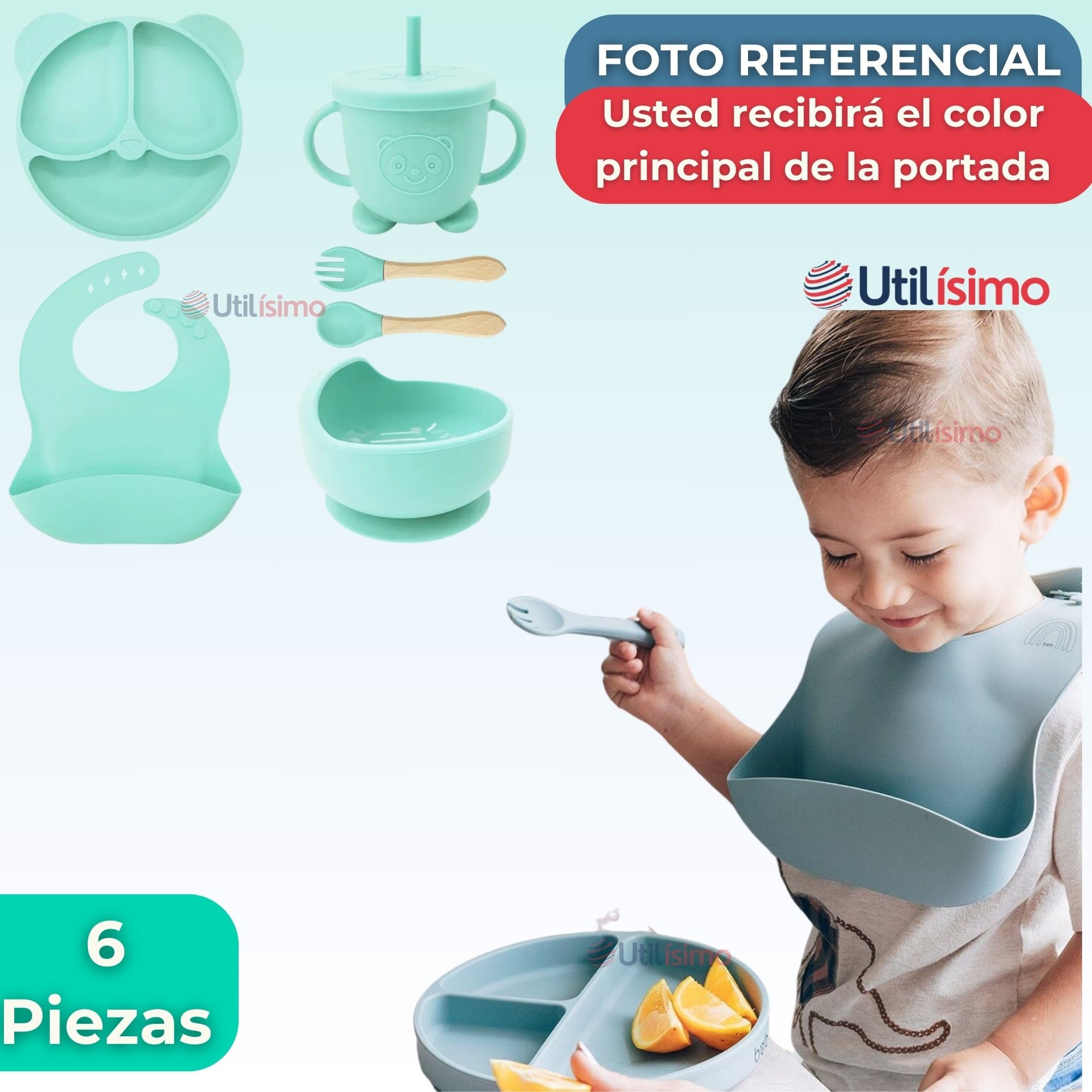 SET DE ALIMENTACIÓN BEBÉ SILICONA DE OSO 6 PIEZAS LIBRE BPA TURQUESA - 8