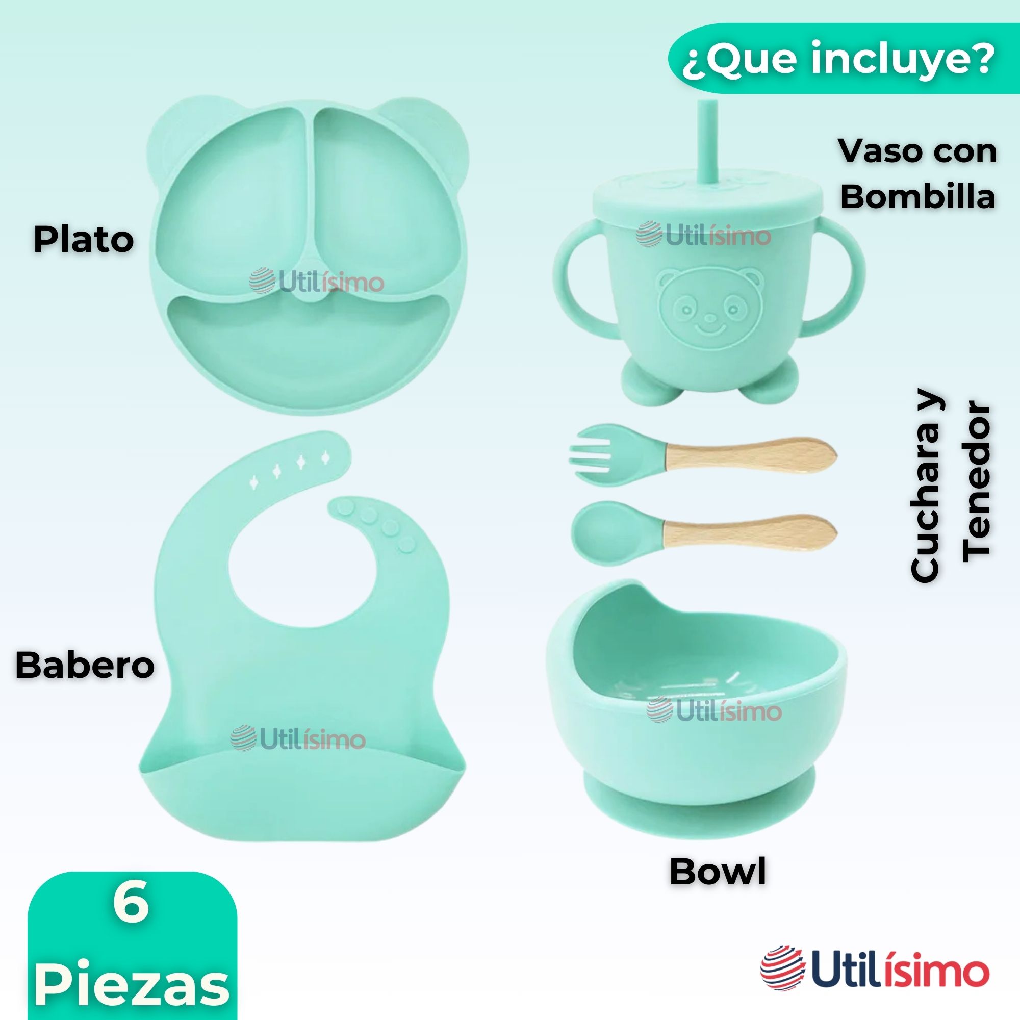 SET DE ALIMENTACIÓN BEBÉ SILICONA DE OSO 6 PIEZAS LIBRE BPA TURQUESA - 9
