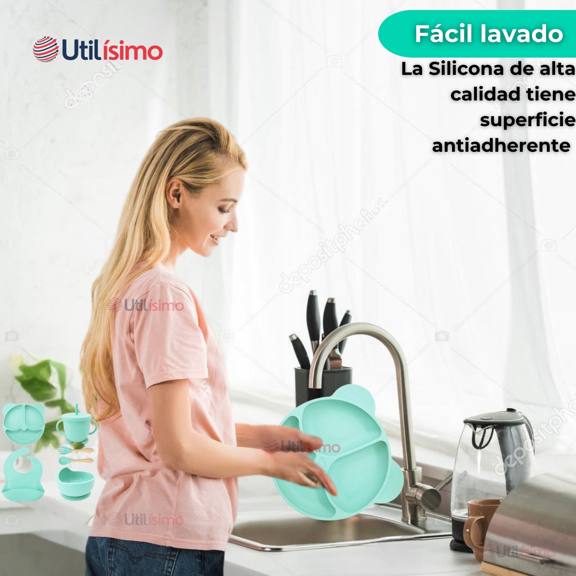SET DE ALIMENTACIÓN BEBÉ SILICONA DE OSO 6 PIEZAS LIBRE BPA TURQUESA - 11