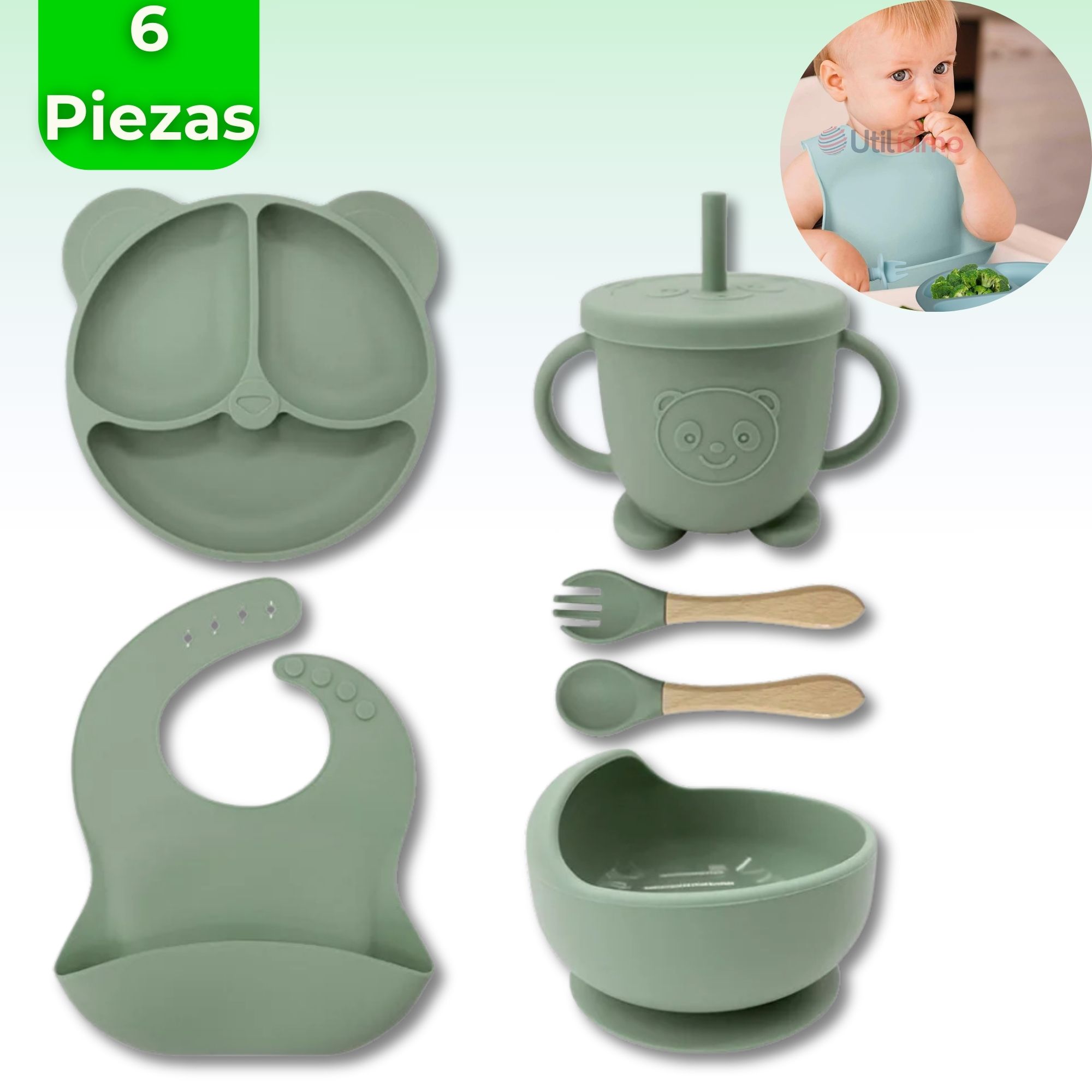 SET DE ALIMENTACIÓN BEBÉ SILICONA DE OSO 6 PIEZAS LIBRE BPA VERDE - 1