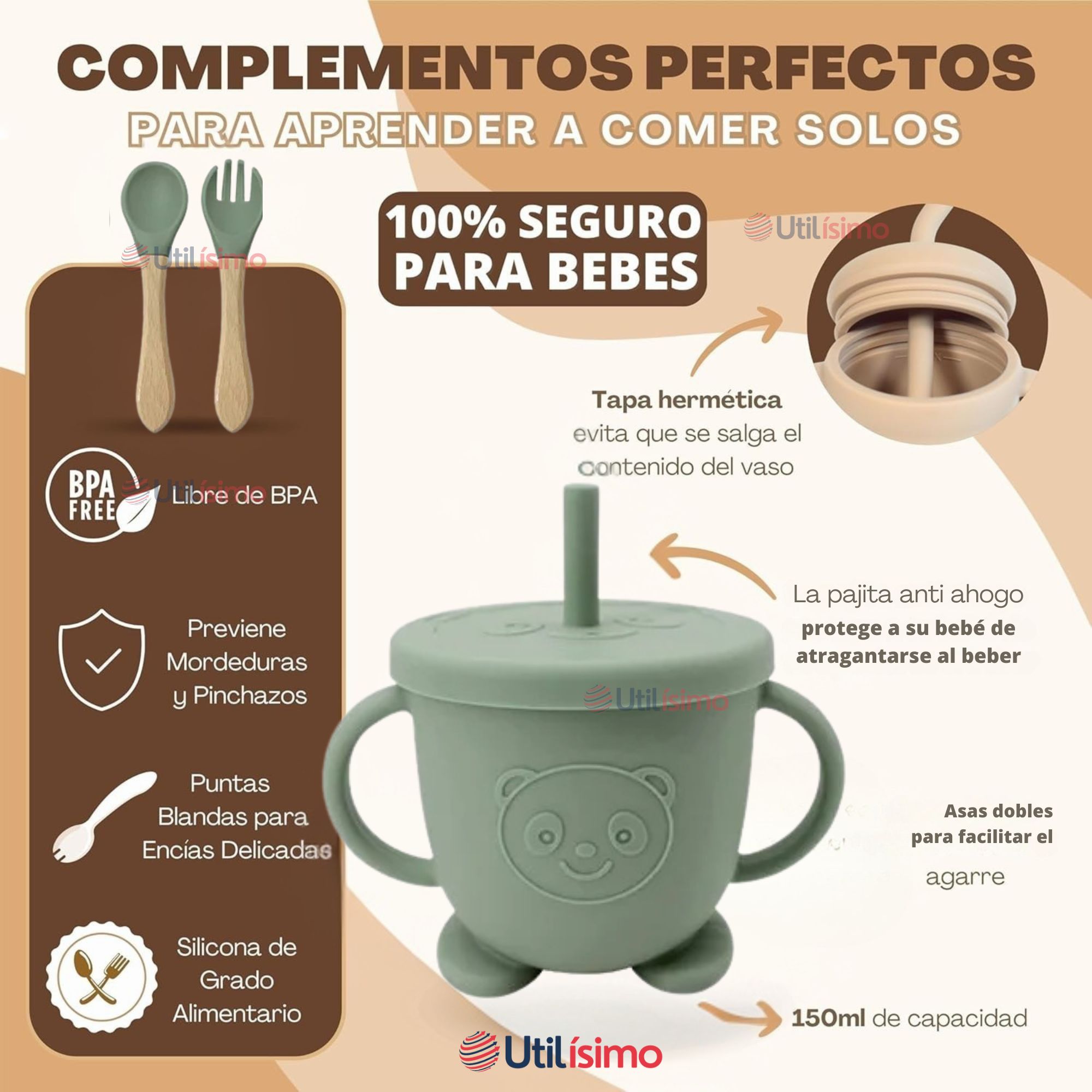 SET DE ALIMENTACIÓN BEBÉ SILICONA DE OSO 6 PIEZAS LIBRE BPA VERDE - 3