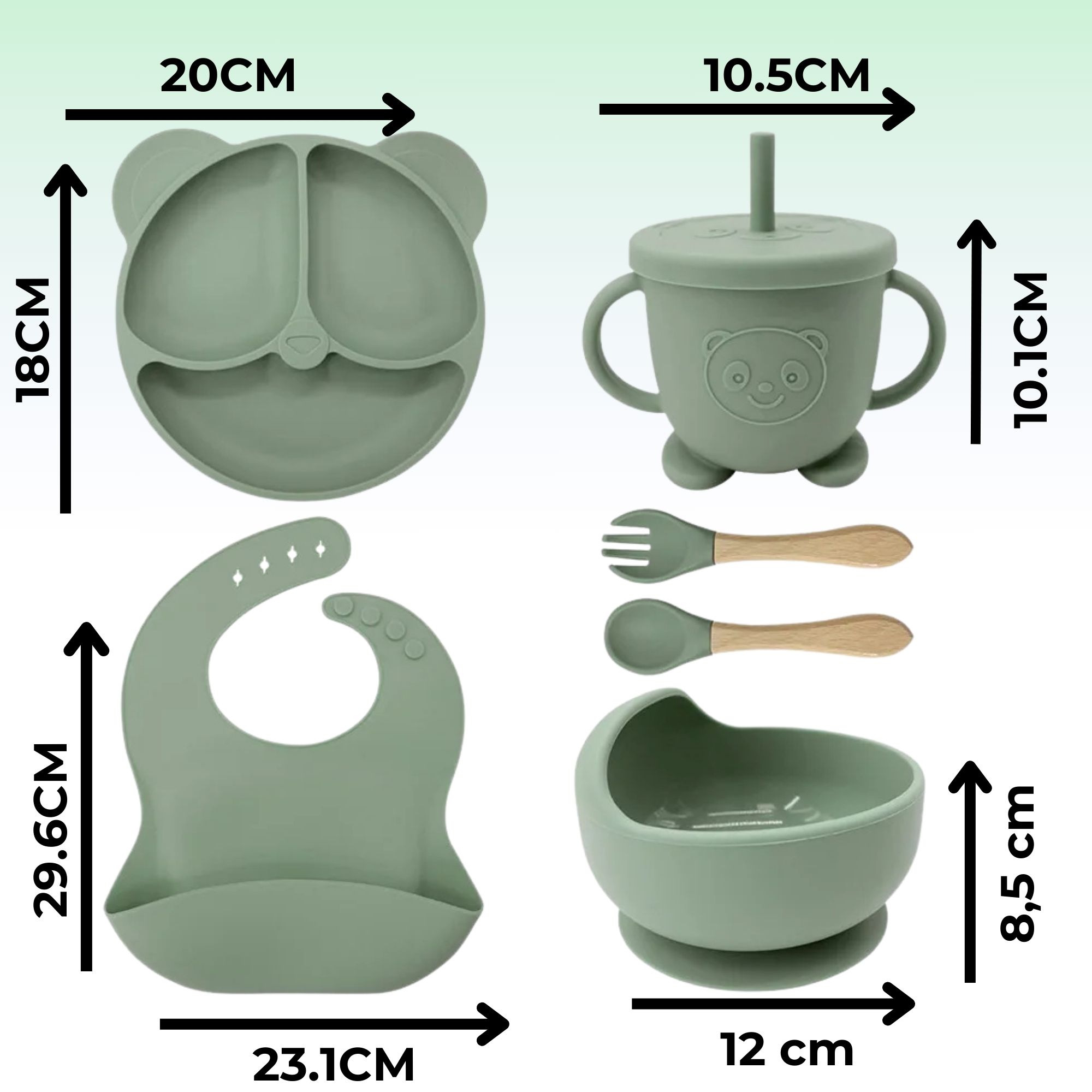 SET DE ALIMENTACIÓN BEBÉ SILICONA DE OSO 6 PIEZAS LIBRE BPA VERDE - 4