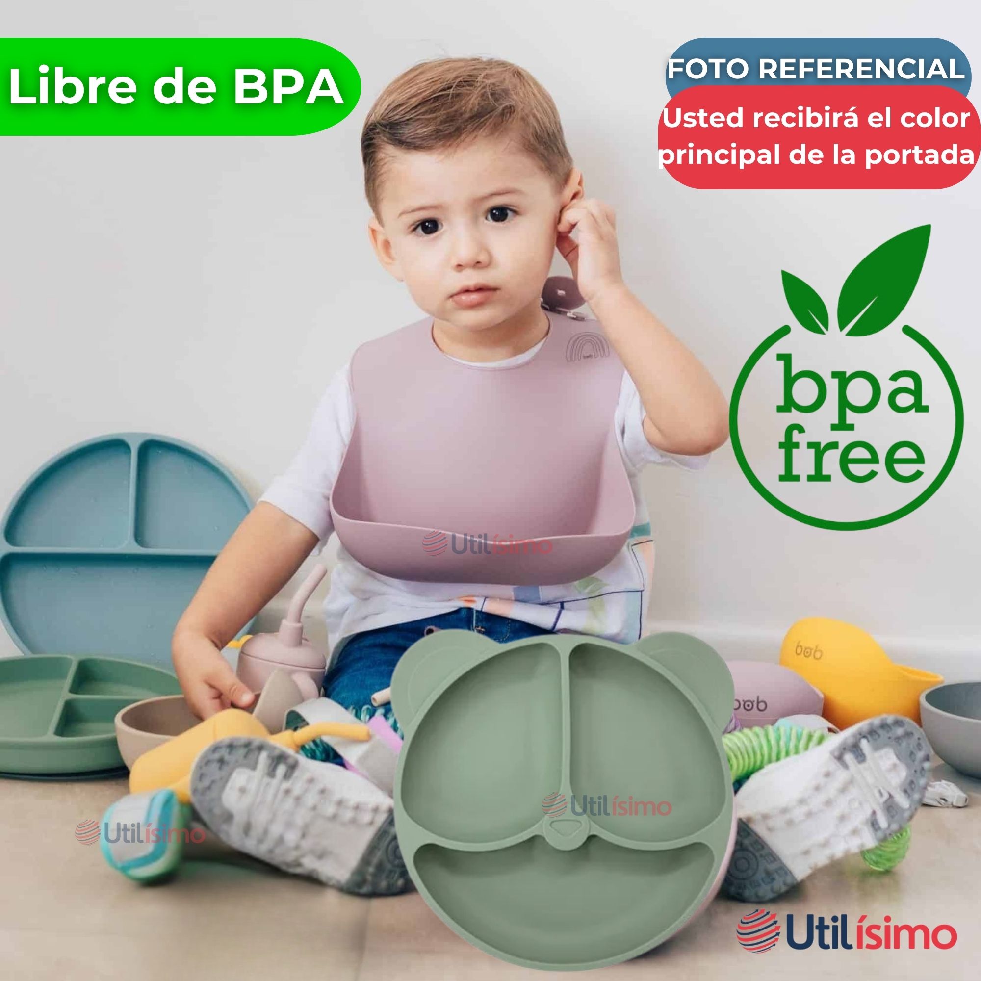 SET DE ALIMENTACIÓN BEBÉ SILICONA DE OSO 6 PIEZAS LIBRE BPA VERDE - 5