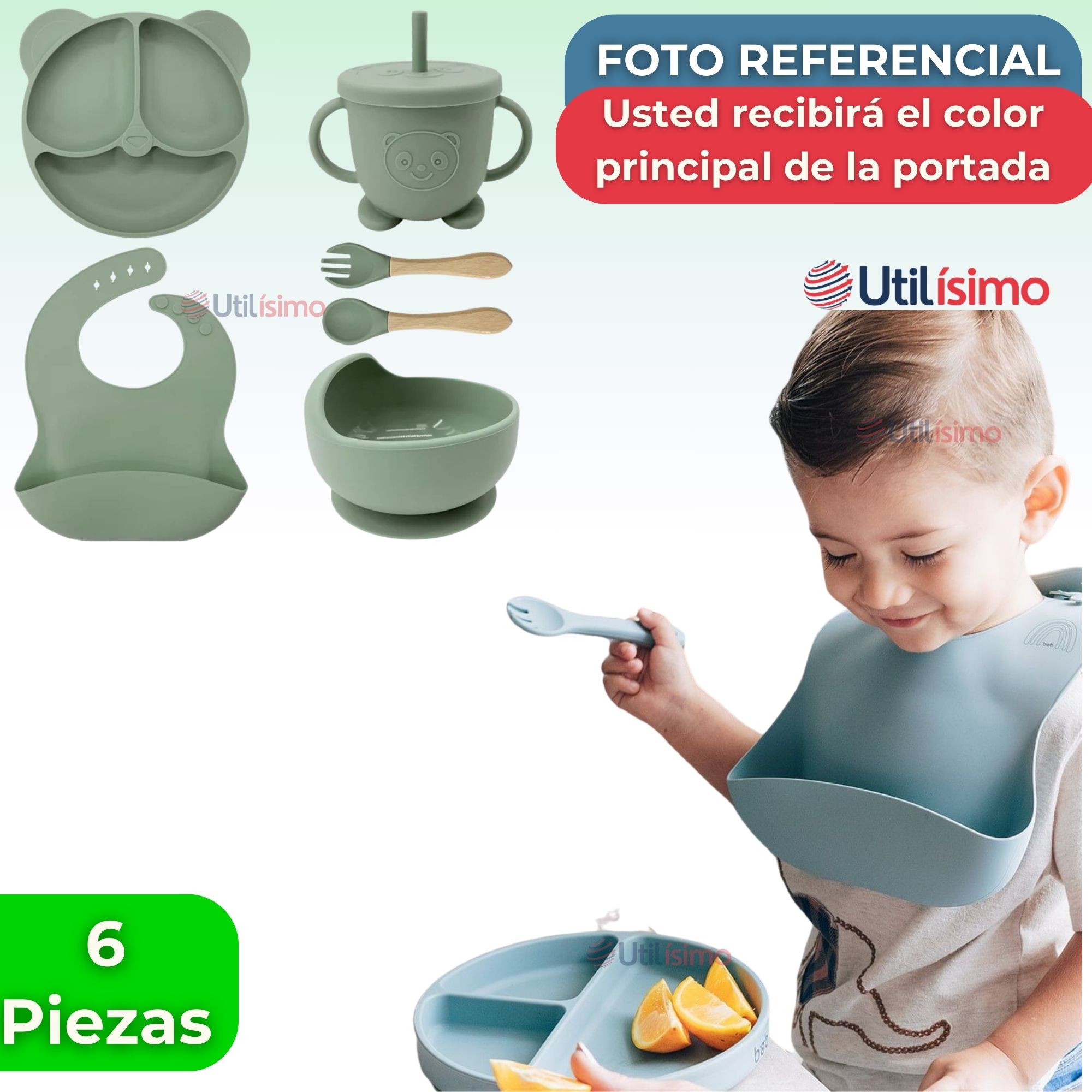 SET DE ALIMENTACIÓN BEBÉ SILICONA DE OSO 6 PIEZAS LIBRE BPA VERDE - 8