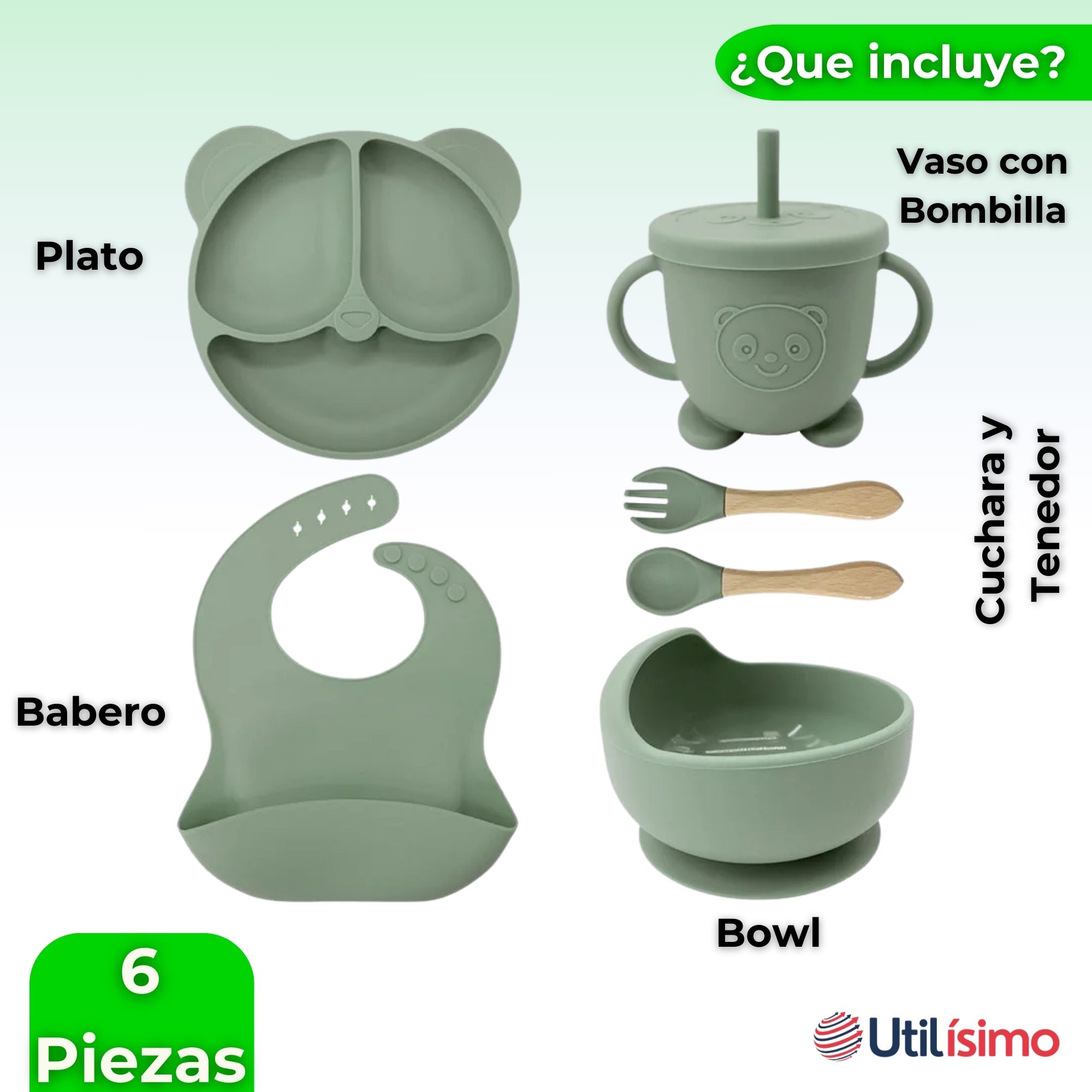 SET DE ALIMENTACIÓN BEBÉ SILICONA DE OSO 6 PIEZAS LIBRE BPA VERDE - 9