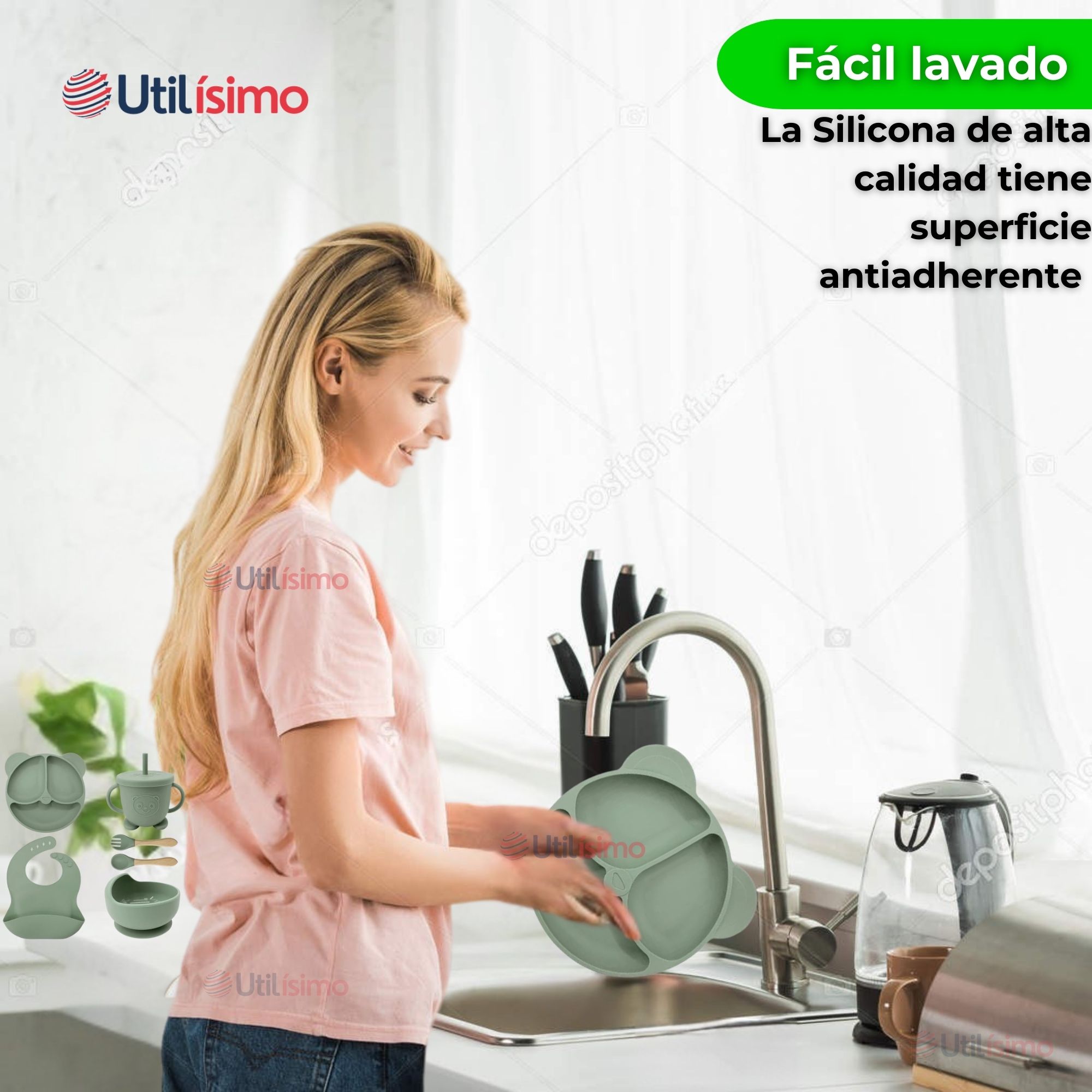 SET DE ALIMENTACIÓN BEBÉ SILICONA DE OSO 6 PIEZAS LIBRE BPA VERDE - 11