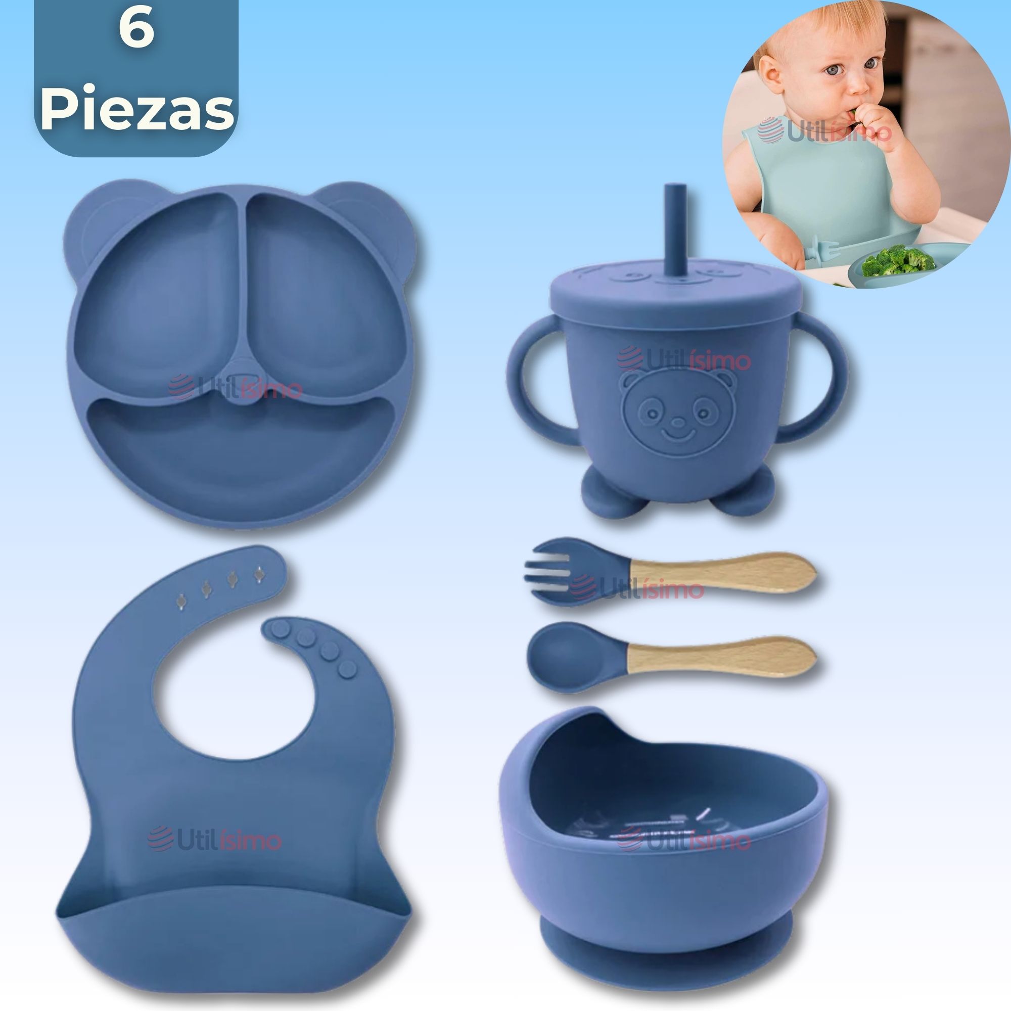 SET DE ALIMENTACIÓN BEBÉ SILICONA DE OSO 6 PIEZAS LIBRE BPA AZUL - 1