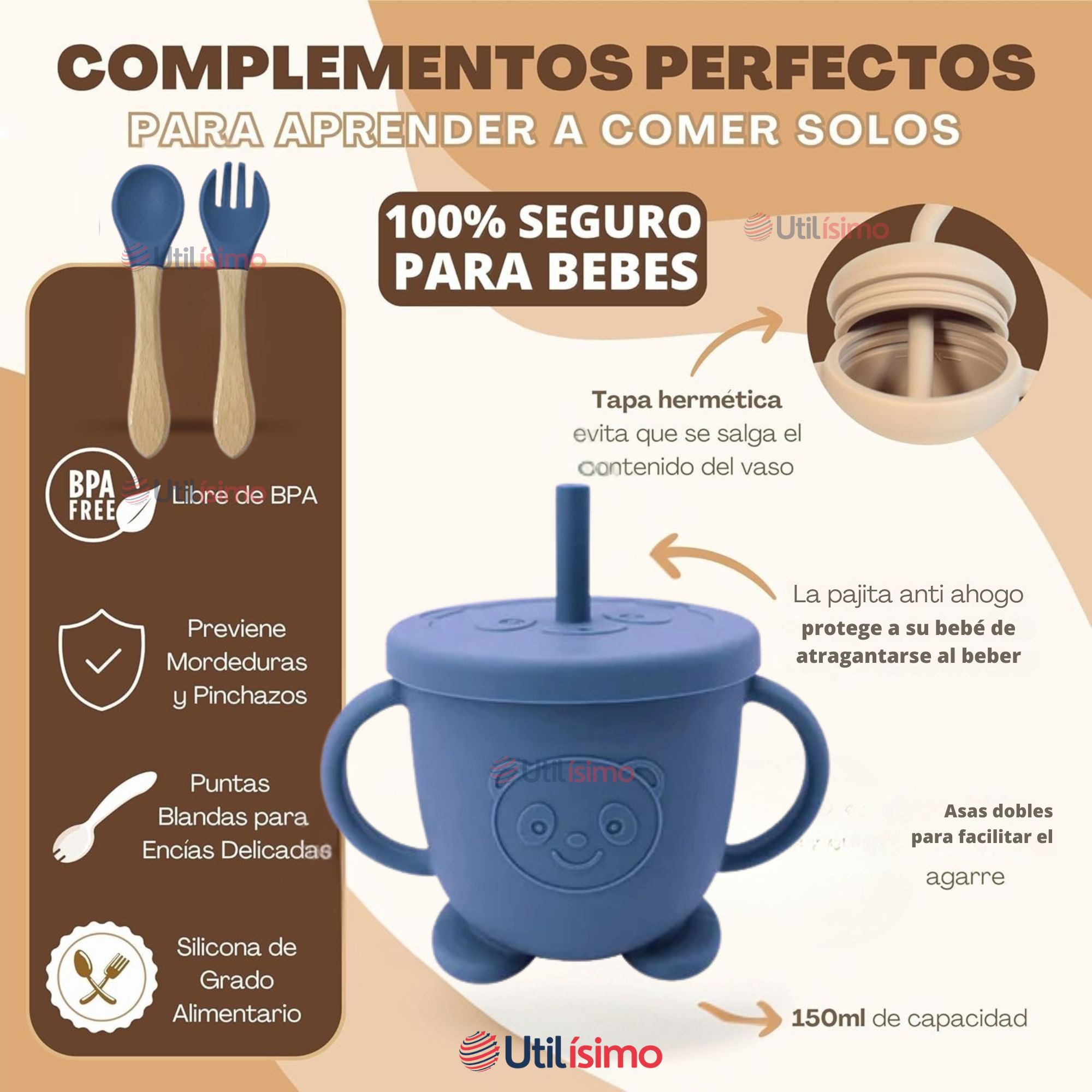 SET DE ALIMENTACIÓN BEBÉ SILICONA DE OSO 6 PIEZAS LIBRE BPA AZUL - 3