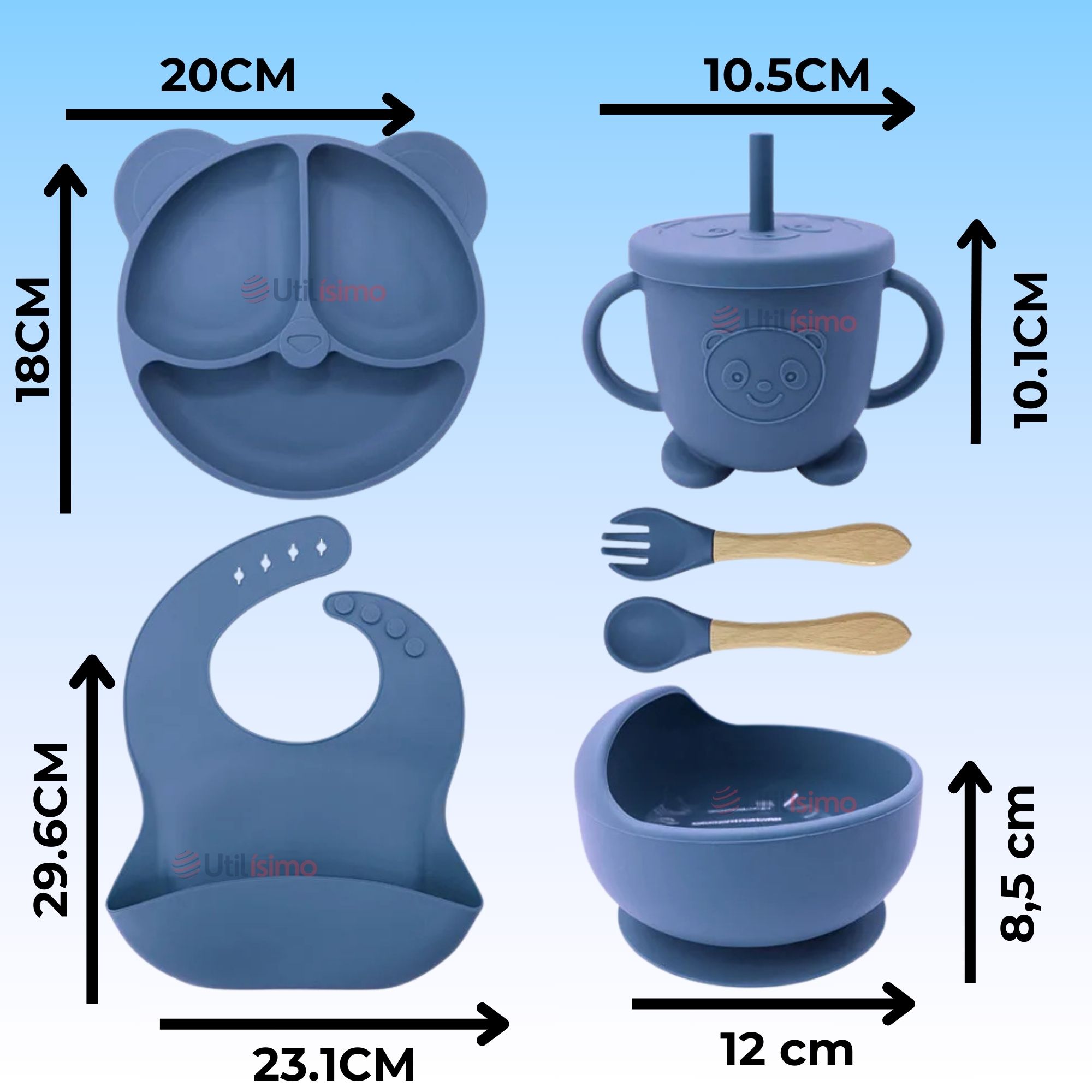 SET DE ALIMENTACIÓN BEBÉ SILICONA DE OSO 6 PIEZAS LIBRE BPA AZUL - 4