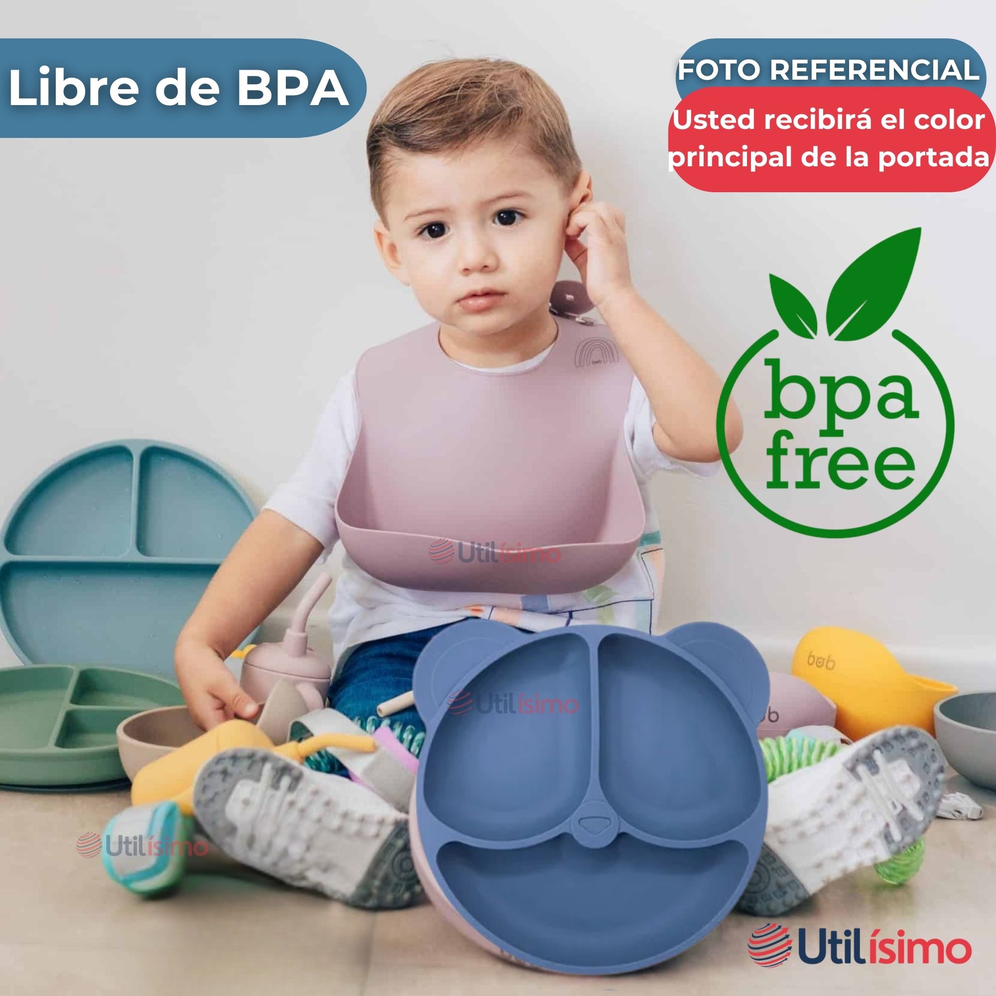 SET DE ALIMENTACIÓN BEBÉ SILICONA DE OSO 6 PIEZAS LIBRE BPA AZUL - 5