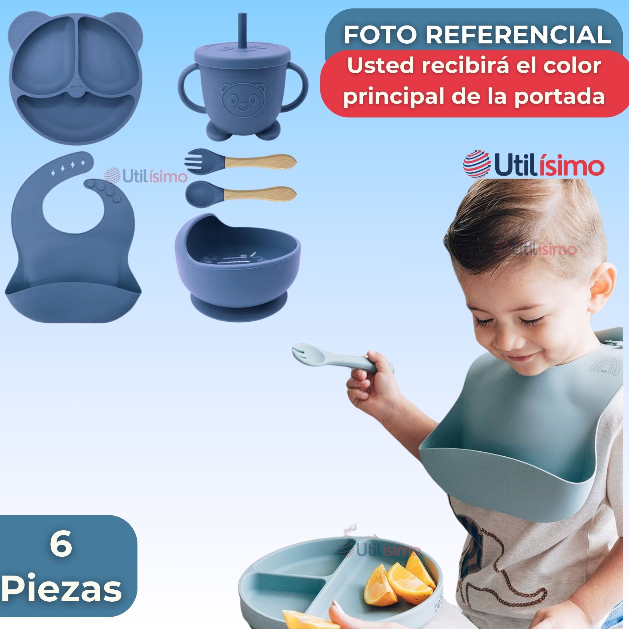 SET DE ALIMENTACIÓN BEBÉ SILICONA DE OSO 6 PIEZAS LIBRE BPA AZUL - 8