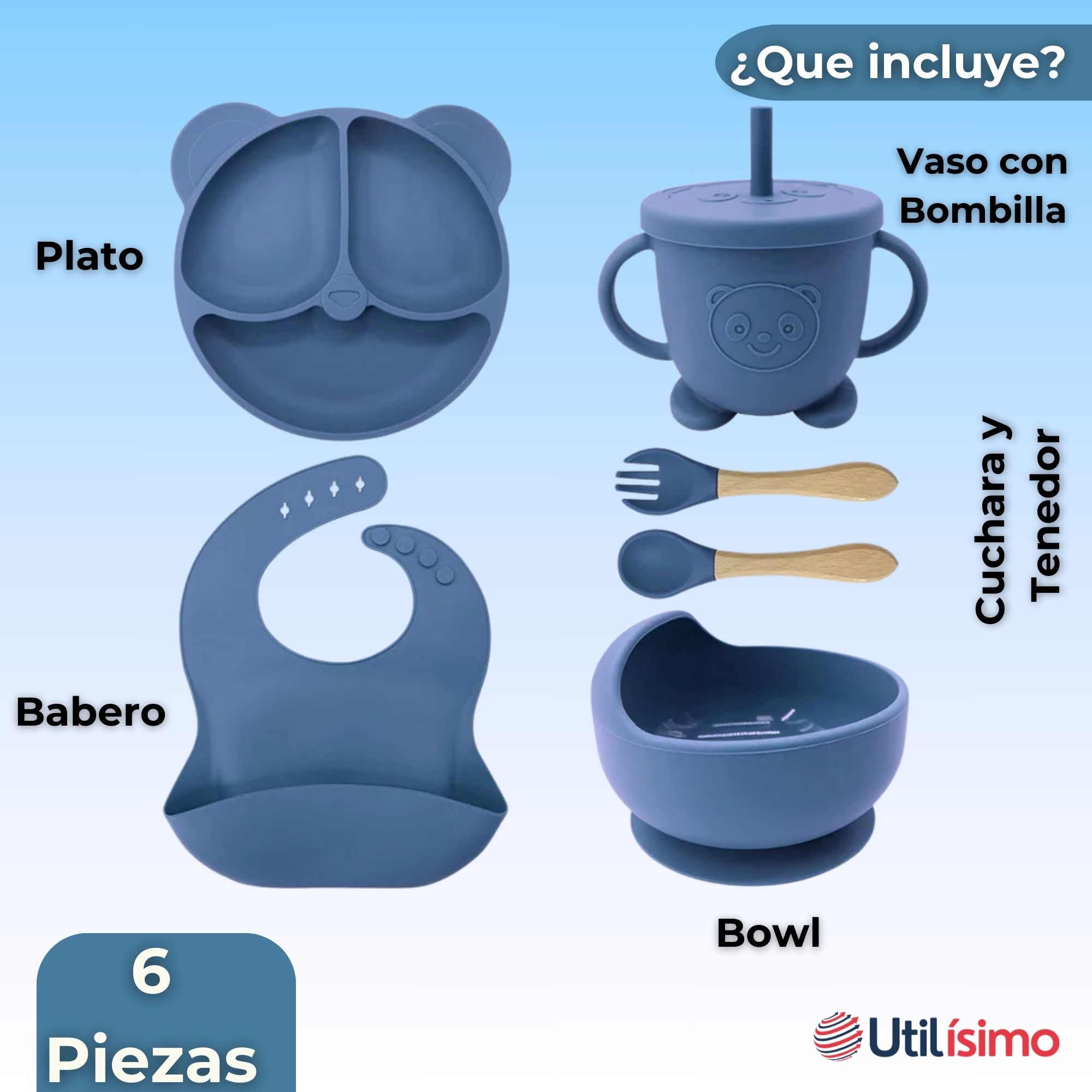 SET DE ALIMENTACIÓN BEBÉ SILICONA DE OSO 6 PIEZAS LIBRE BPA AZUL - 9