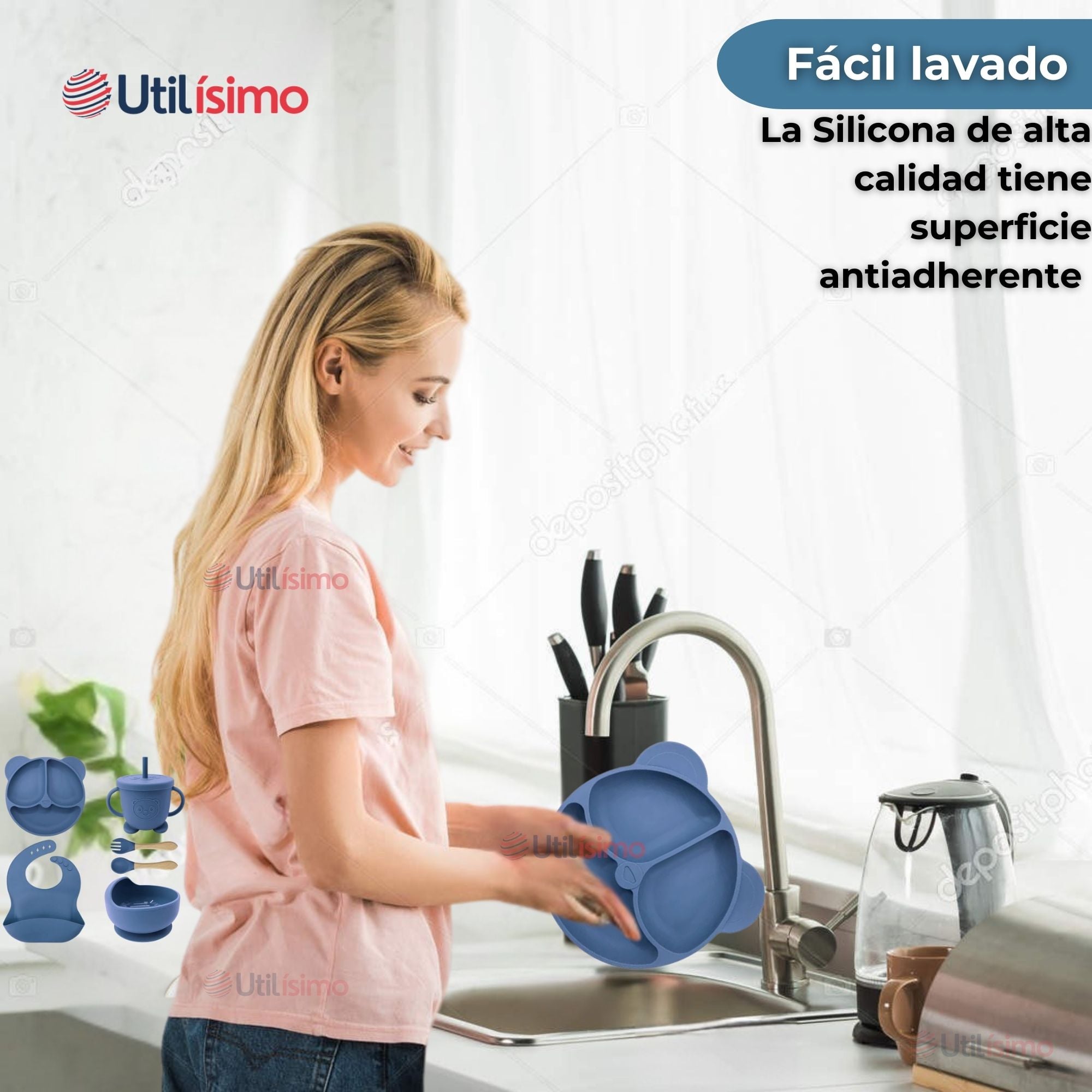 SET DE ALIMENTACIÓN BEBÉ SILICONA DE OSO 6 PIEZAS LIBRE BPA AZUL - 11