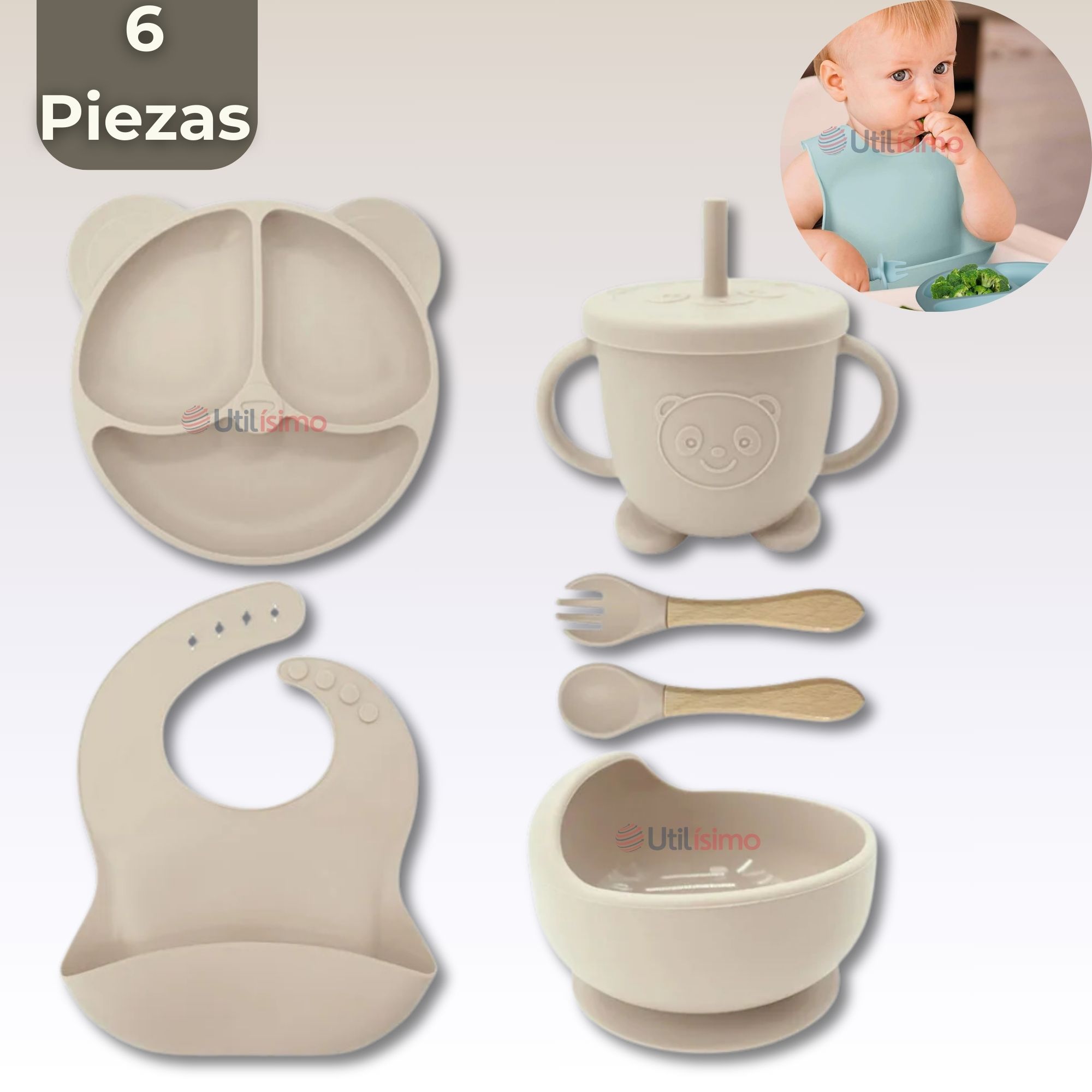 SET DE ALIMENTACIÓN BEBÉ SILICONA DE OSO 6 PIEZAS LIBRE BPA BEIGE - 1