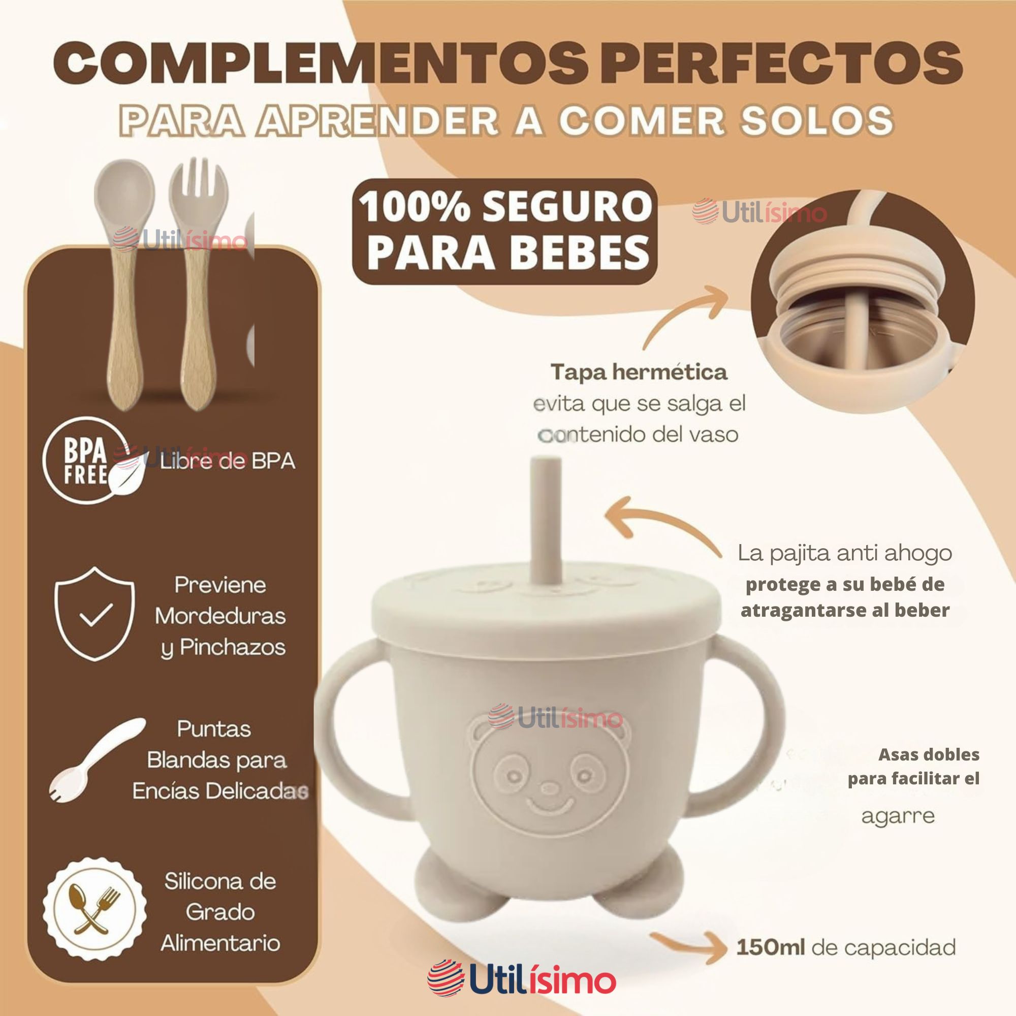 SET DE ALIMENTACIÓN BEBÉ SILICONA DE OSO 6 PIEZAS LIBRE BPA BEIGE - 3