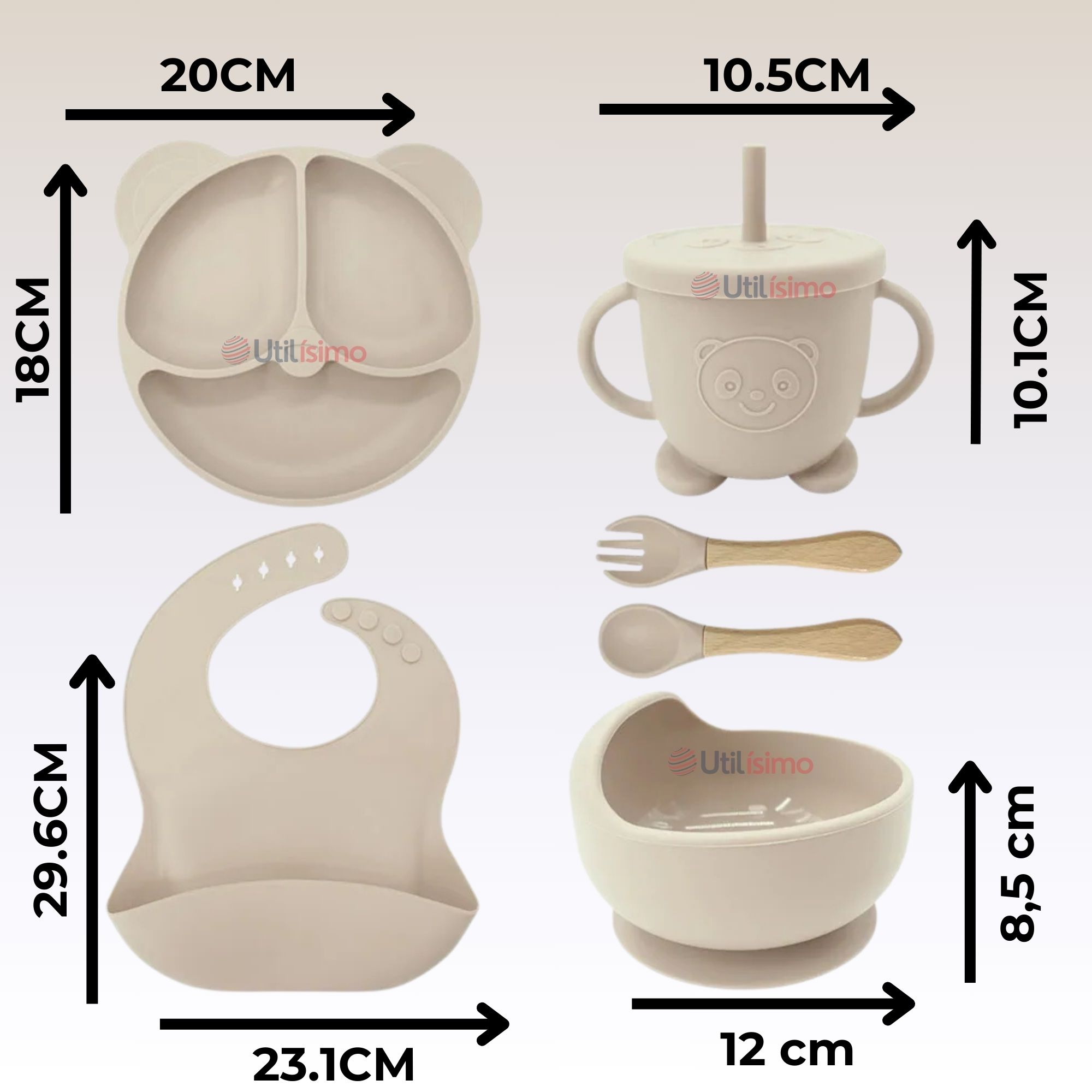 SET DE ALIMENTACIÓN BEBÉ SILICONA DE OSO 6 PIEZAS LIBRE BPA BEIGE - 4