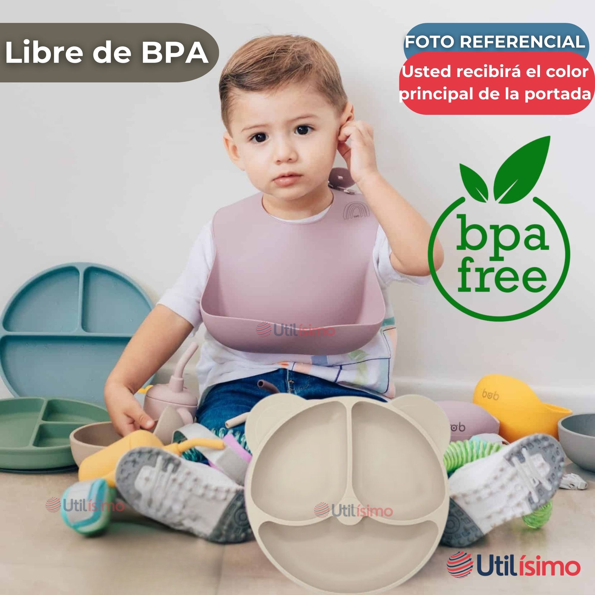 SET DE ALIMENTACIÓN BEBÉ SILICONA DE OSO 6 PIEZAS LIBRE BPA BEIGE - 5