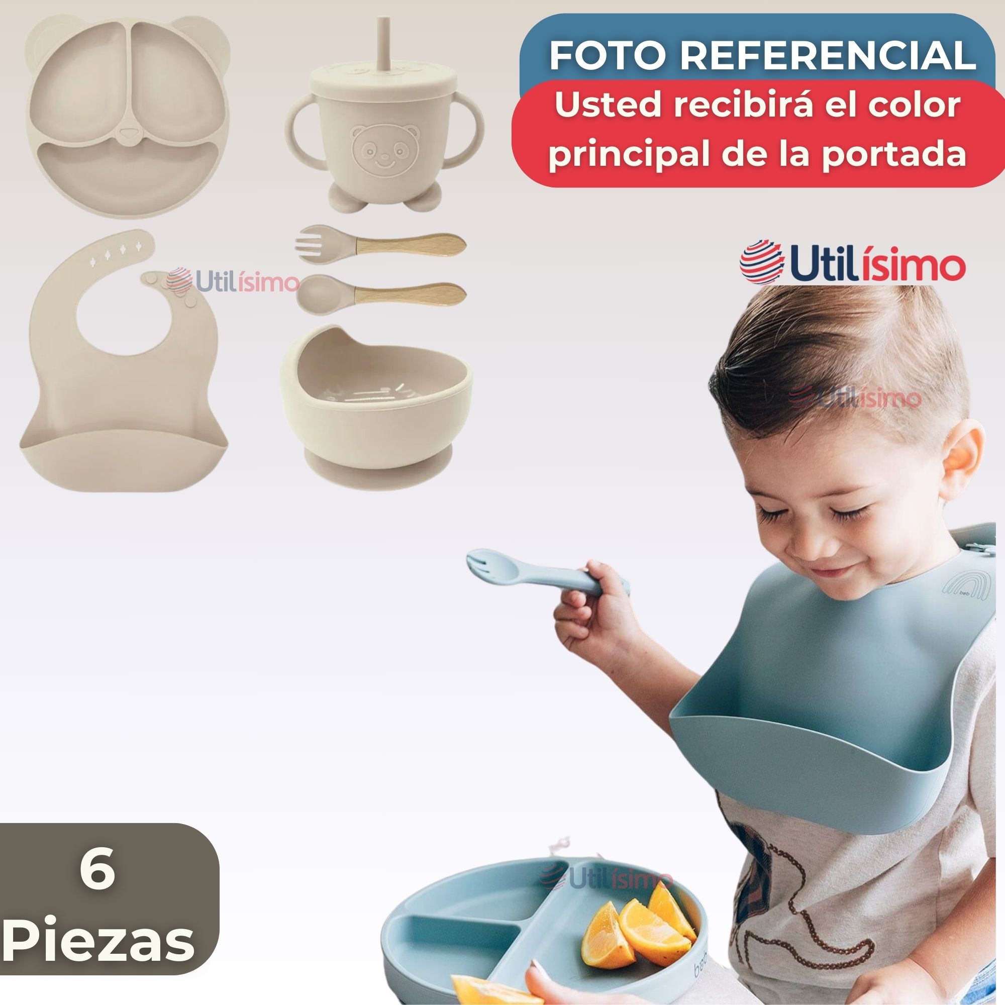 SET DE ALIMENTACIÓN BEBÉ SILICONA DE OSO 6 PIEZAS LIBRE BPA BEIGE - 8