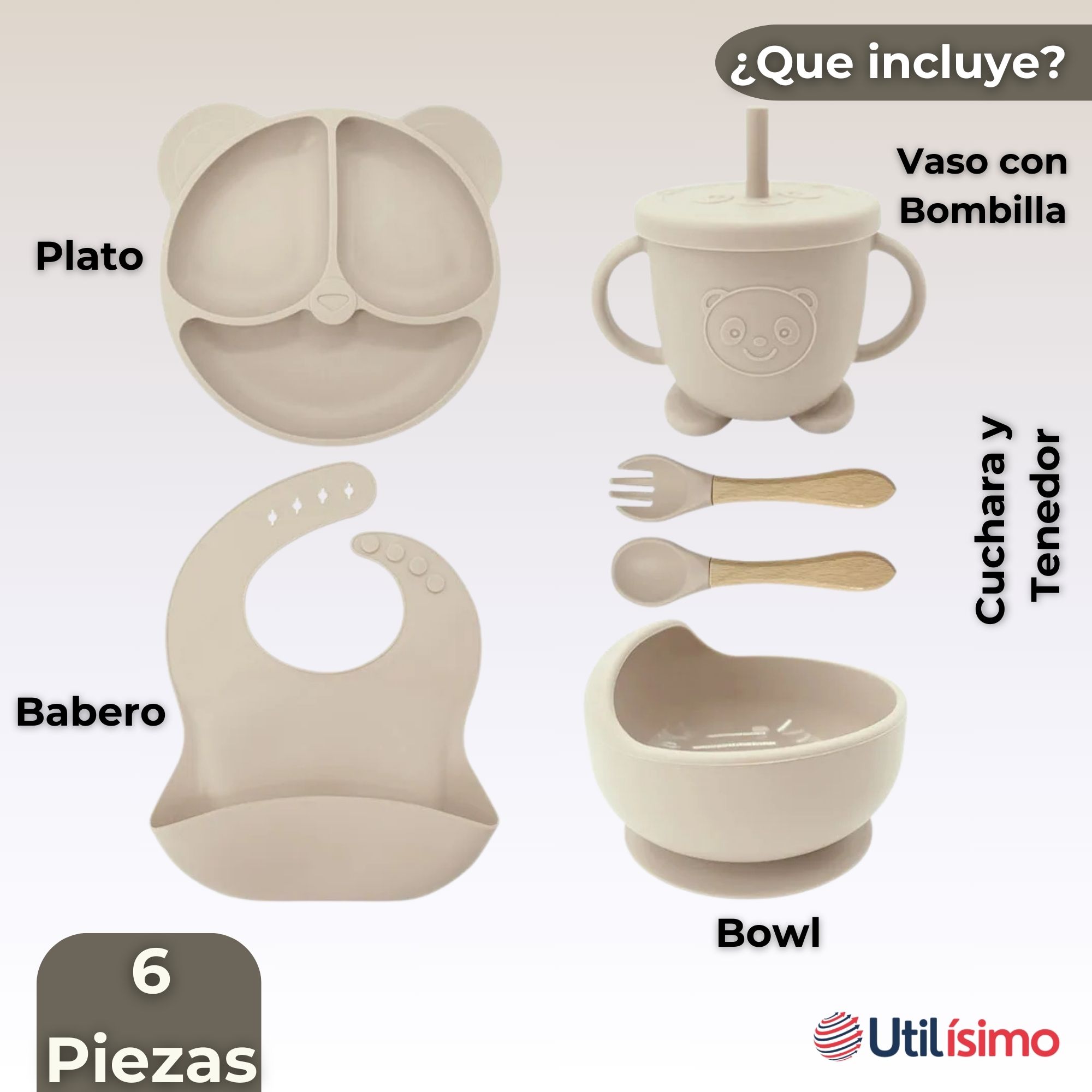 SET DE ALIMENTACIÓN BEBÉ SILICONA DE OSO 6 PIEZAS LIBRE BPA BEIGE - 9