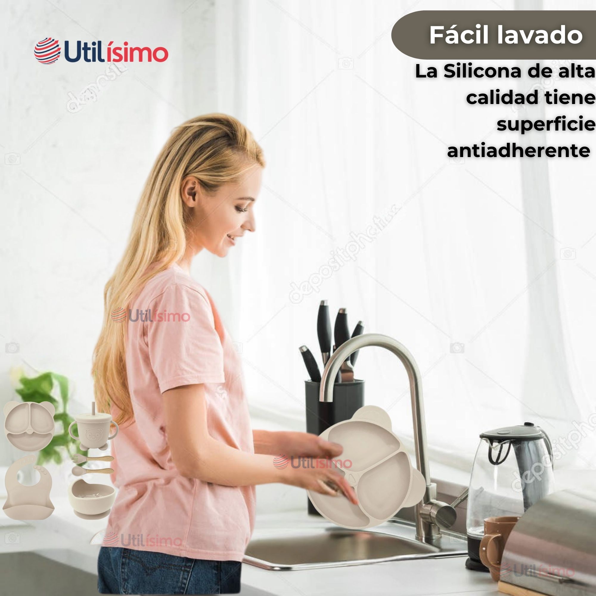 SET DE ALIMENTACIÓN BEBÉ SILICONA DE OSO 6 PIEZAS LIBRE BPA BEIGE - 11