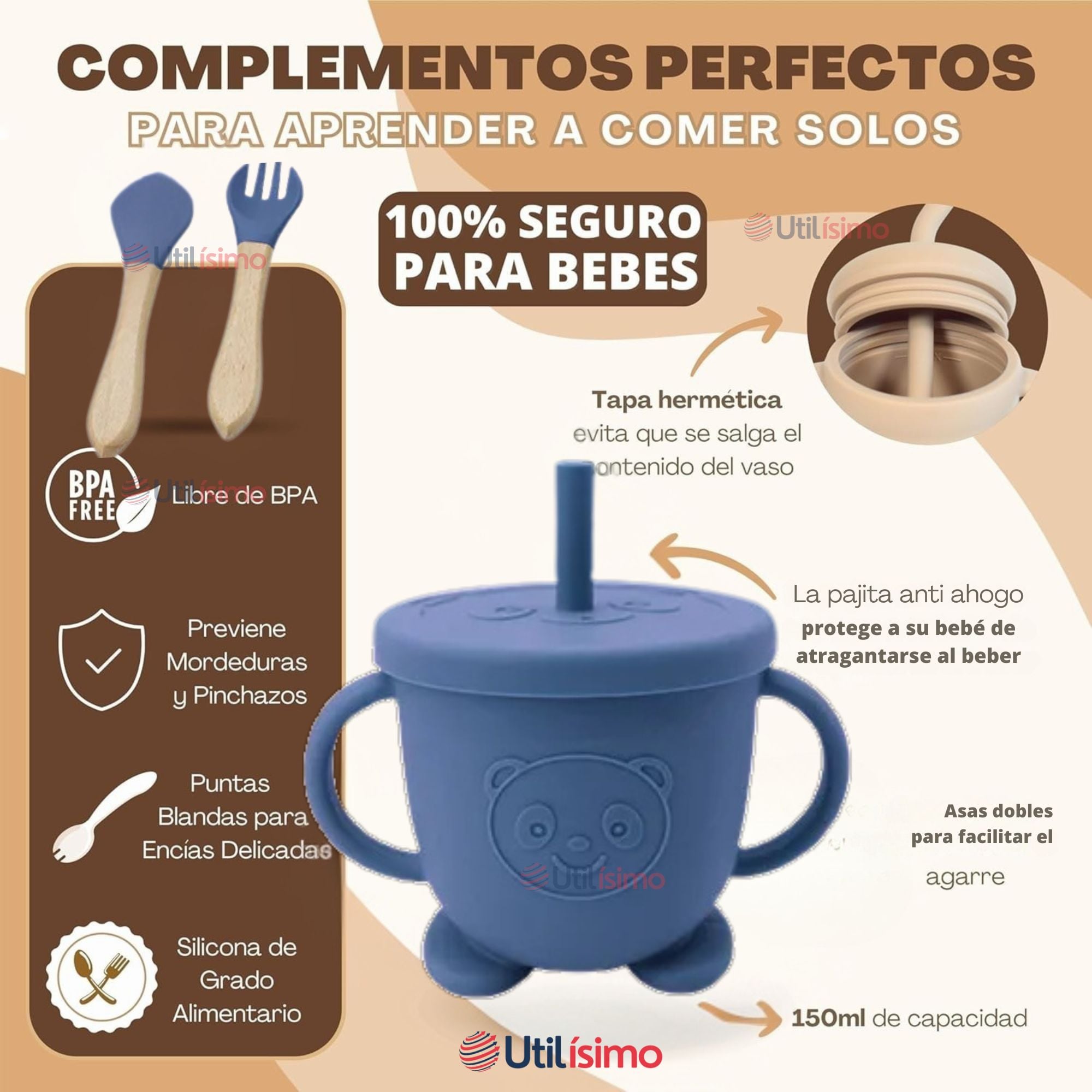 SET DE ALIMENTACIÓN BEBÉ SILICONA DE FORMAS 6 PIEZAS LIBRE BPA AZUL - 3