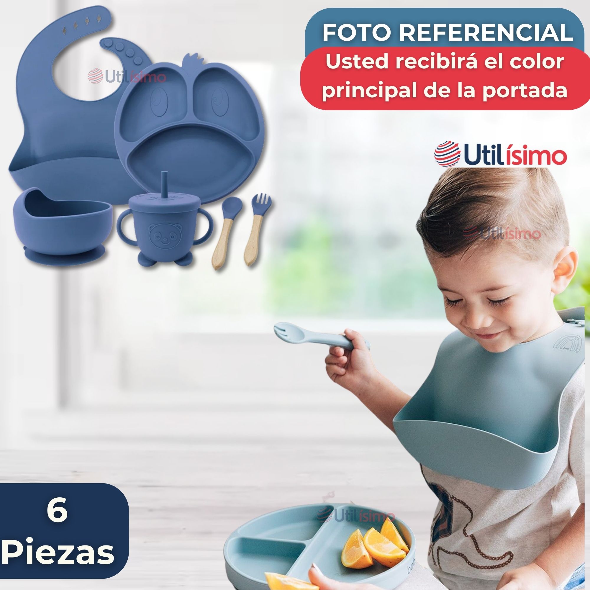 SET DE ALIMENTACIÓN BEBÉ SILICONA DE FORMAS 6 PIEZAS LIBRE BPA AZUL - 8