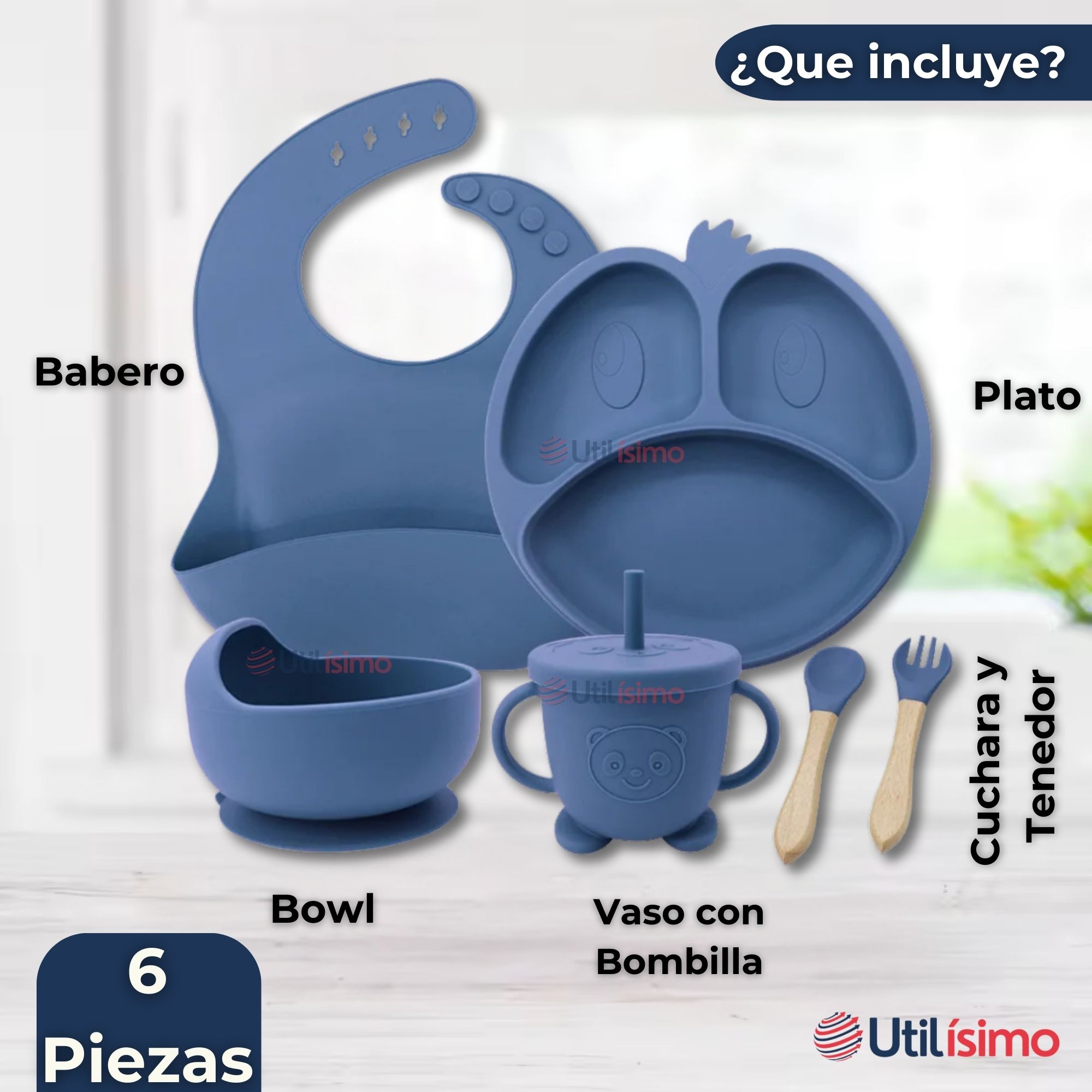 SET DE ALIMENTACIÓN BEBÉ SILICONA DE FORMAS 6 PIEZAS LIBRE BPA AZUL - 9