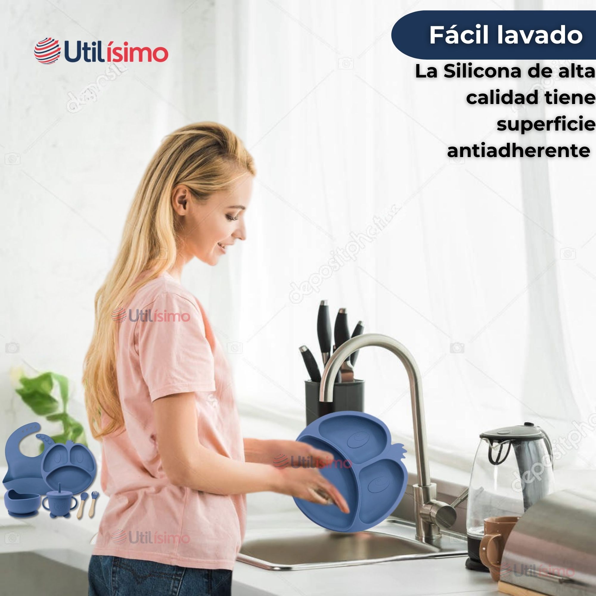 SET DE ALIMENTACIÓN BEBÉ SILICONA DE FORMAS 6 PIEZAS LIBRE BPA AZUL - 11
